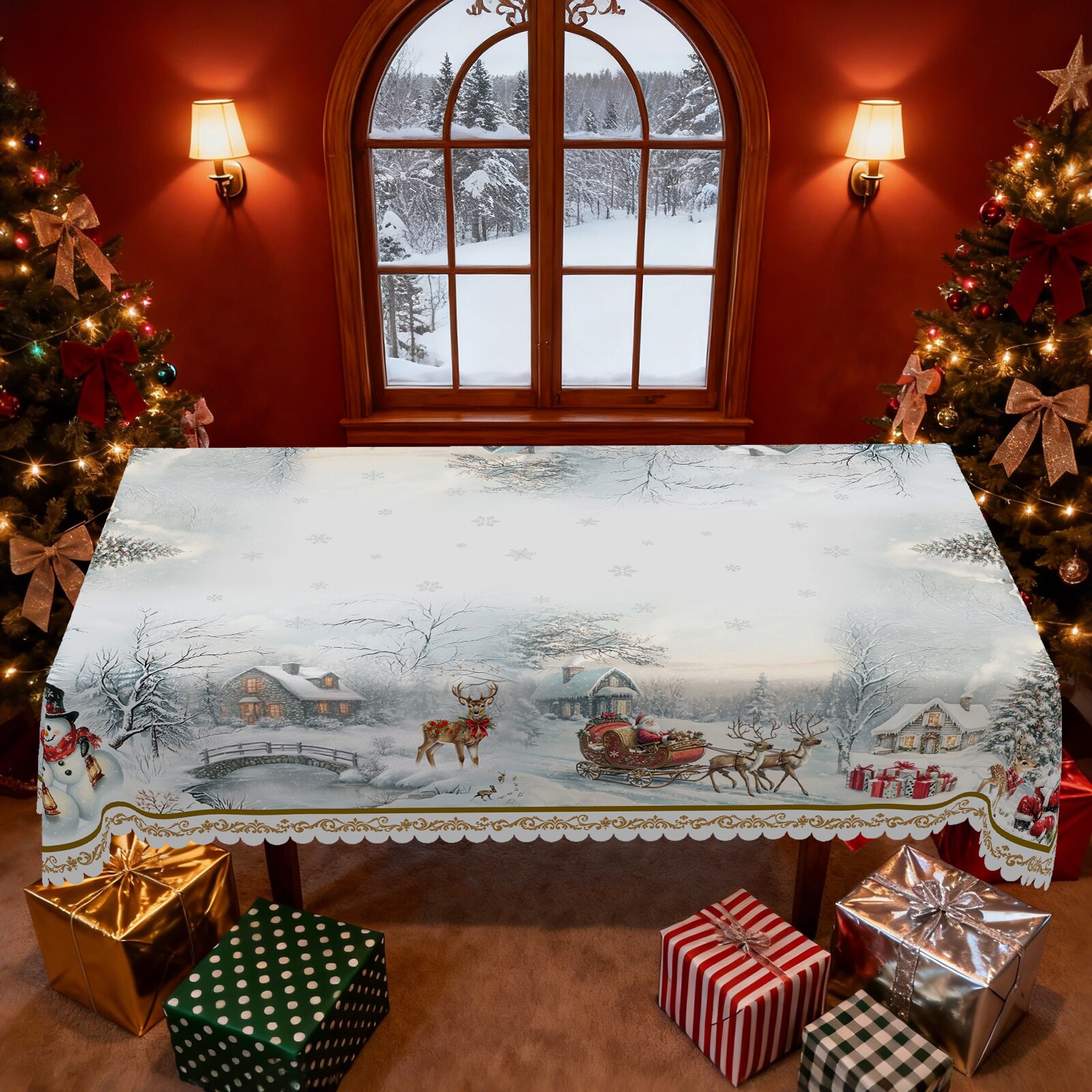 WISH TREE White 55x70 inch Christmas Tablecloth Machine Washable Table Cloths with snowy Christmas village reindeer and Christmas trees Decorative Table Cover for Dining Room Kitchen Holiday Parties and Christmas Decor