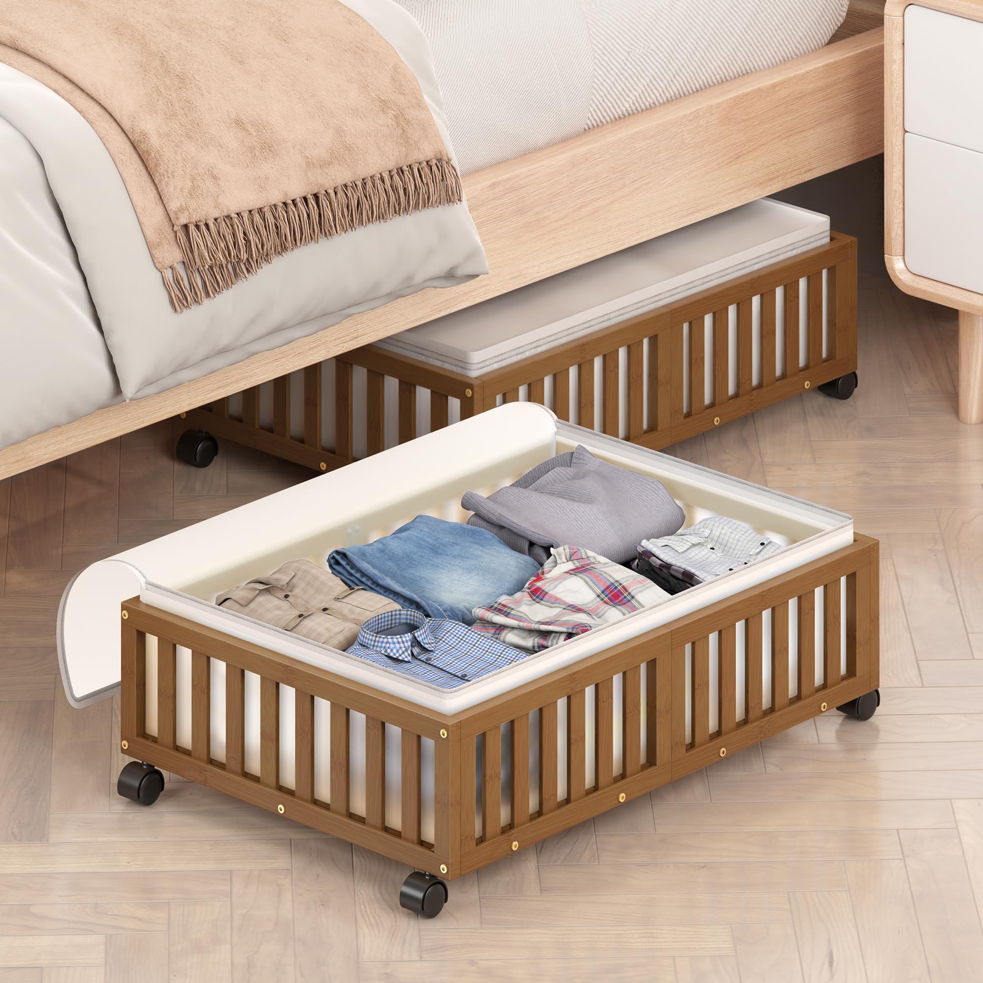 URIACG Brown 2 PCS 23.62x16.54 inch Under Bed Storage Containers With Wheels Stackable Large Capacity Rolling Storage Bins