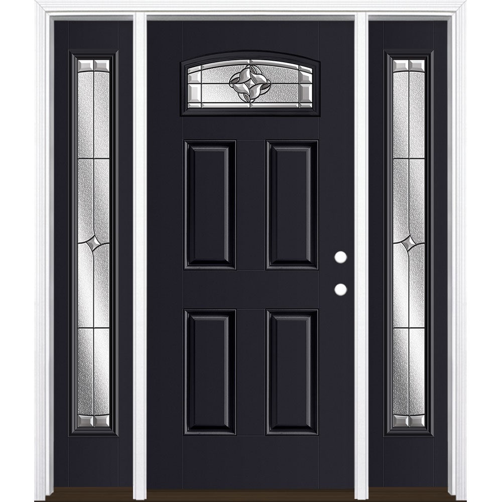 Masonite 3423263 Rozet 60-in x 80-in x 4-9/16-in Fiberglass 1/4 lite Left-hand inswing Peppercorn Painted Prehung Single door with sidelights Front Door with Brickmould Insulating core Decorative glass