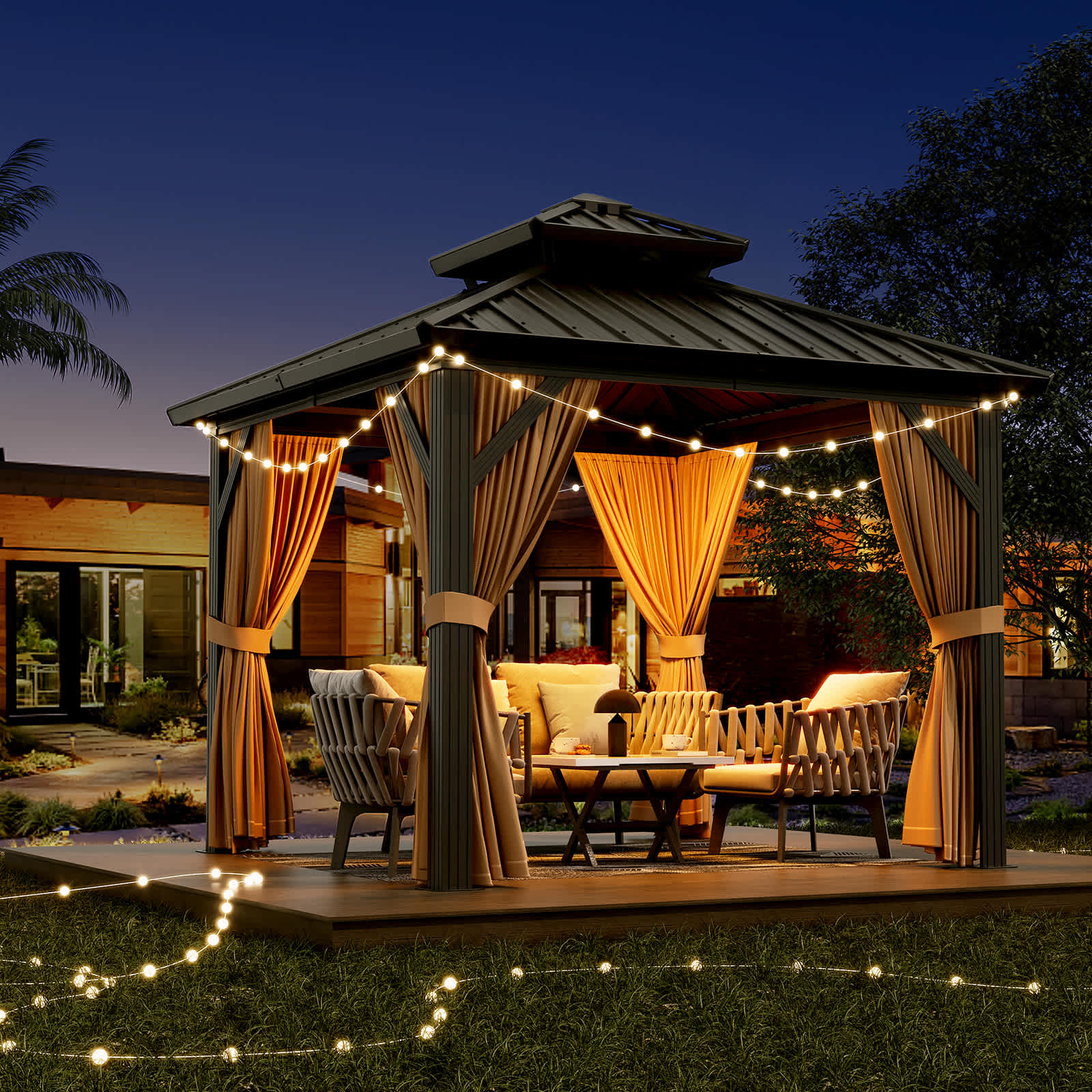 Qeetex SQY-POU-3AM5U6WA Hardtop Gazebo 10 X 10 Double Roof Canopy Gazebo with Mosquito Curtain Netting Aluminum Alloy Anti UV Permanent Pavilion for Patio Backyard Lawn Coffee