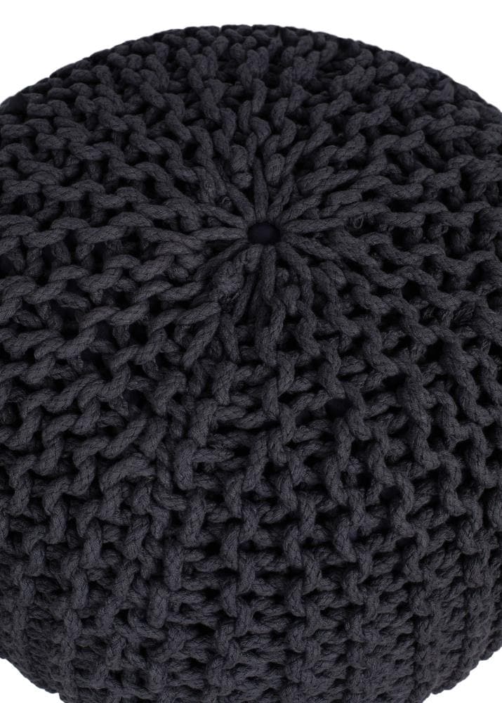 Charcoal Grey Hand-Woven Cotton Round Pouf Ottoman