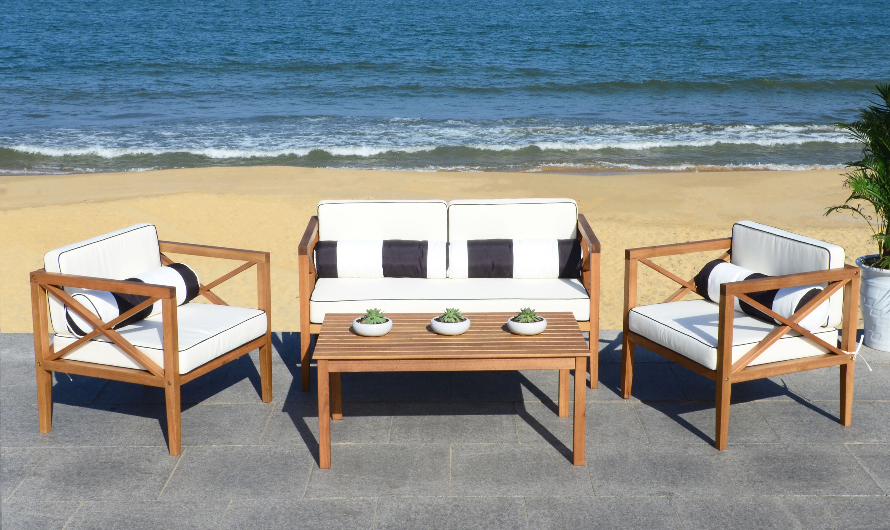 Nunzio Natural Teak Wood 4-Piece Outdoor Set with White Cushions