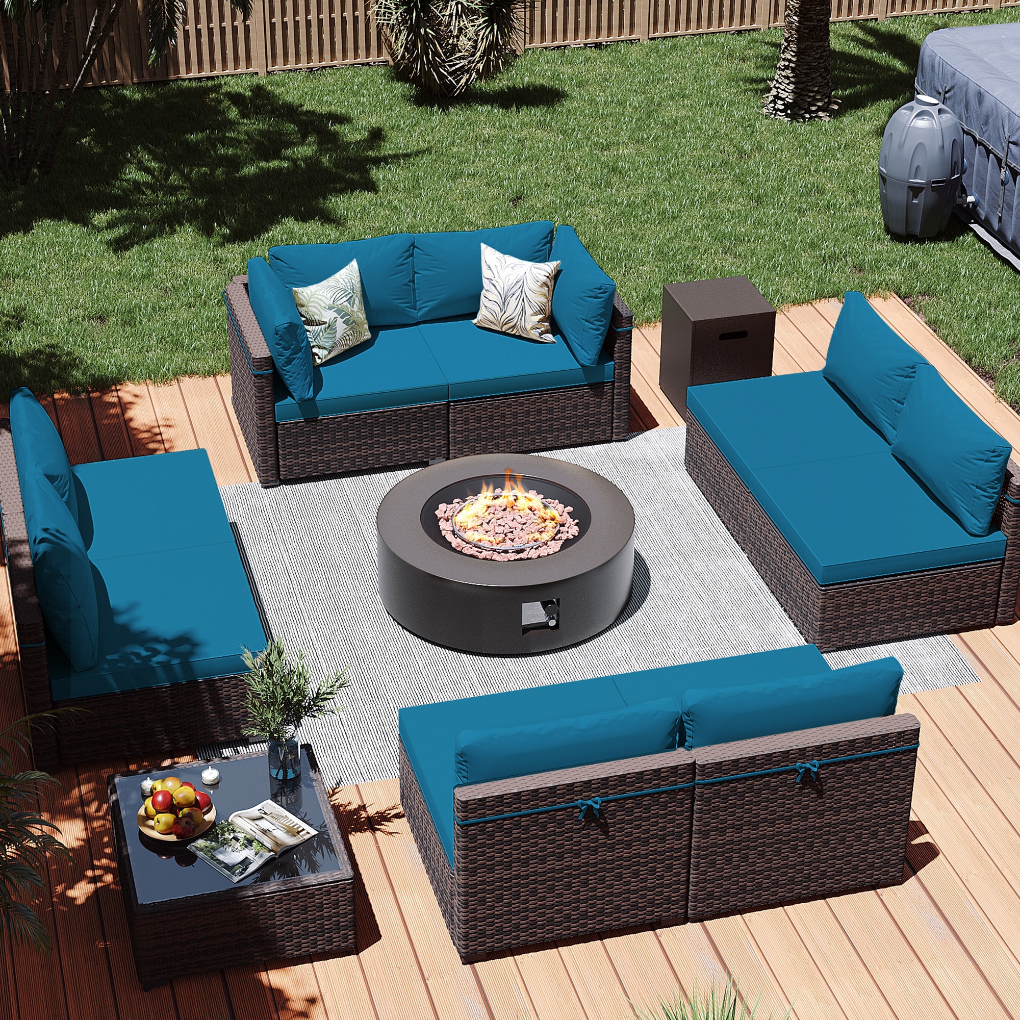 Patio Watcher LS-RT9-KD42BR-B5 10 -Piece Rattan Patio Conversation Set with Blue Cushions