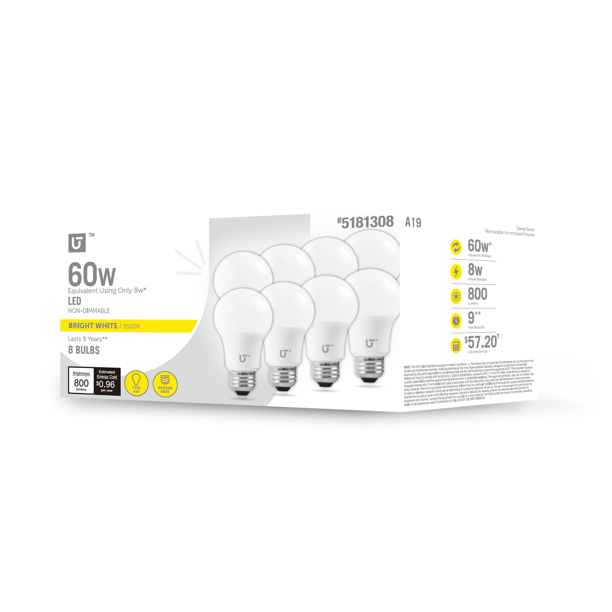 Utilitech YGA03C54-8W-835-8 60 -Watt EQ A19 Bright white E26 LED General purpose Light Bulb 8 -Pack