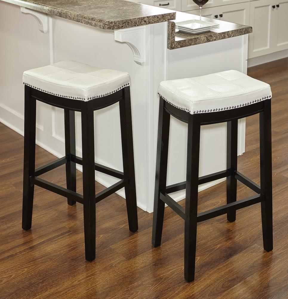 32" White Leather Saddle Style Backless Wood Bar Stool
