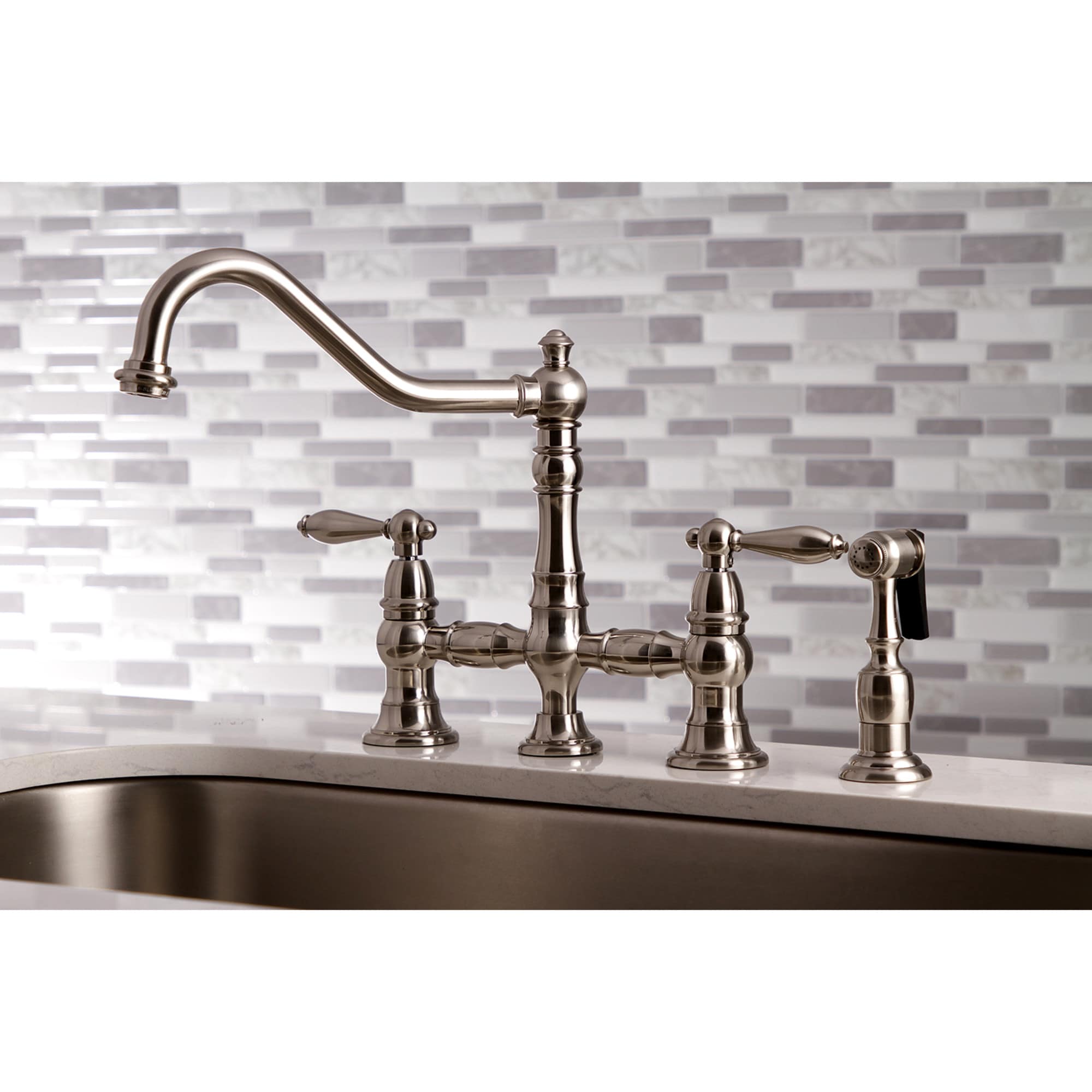 Kingston Brass WLKS3278ALBS Restoration Brushed nickel Double Handle Deck-mount Bridge Kitchen Faucet with Sprayer ( Side Sprayer Included )