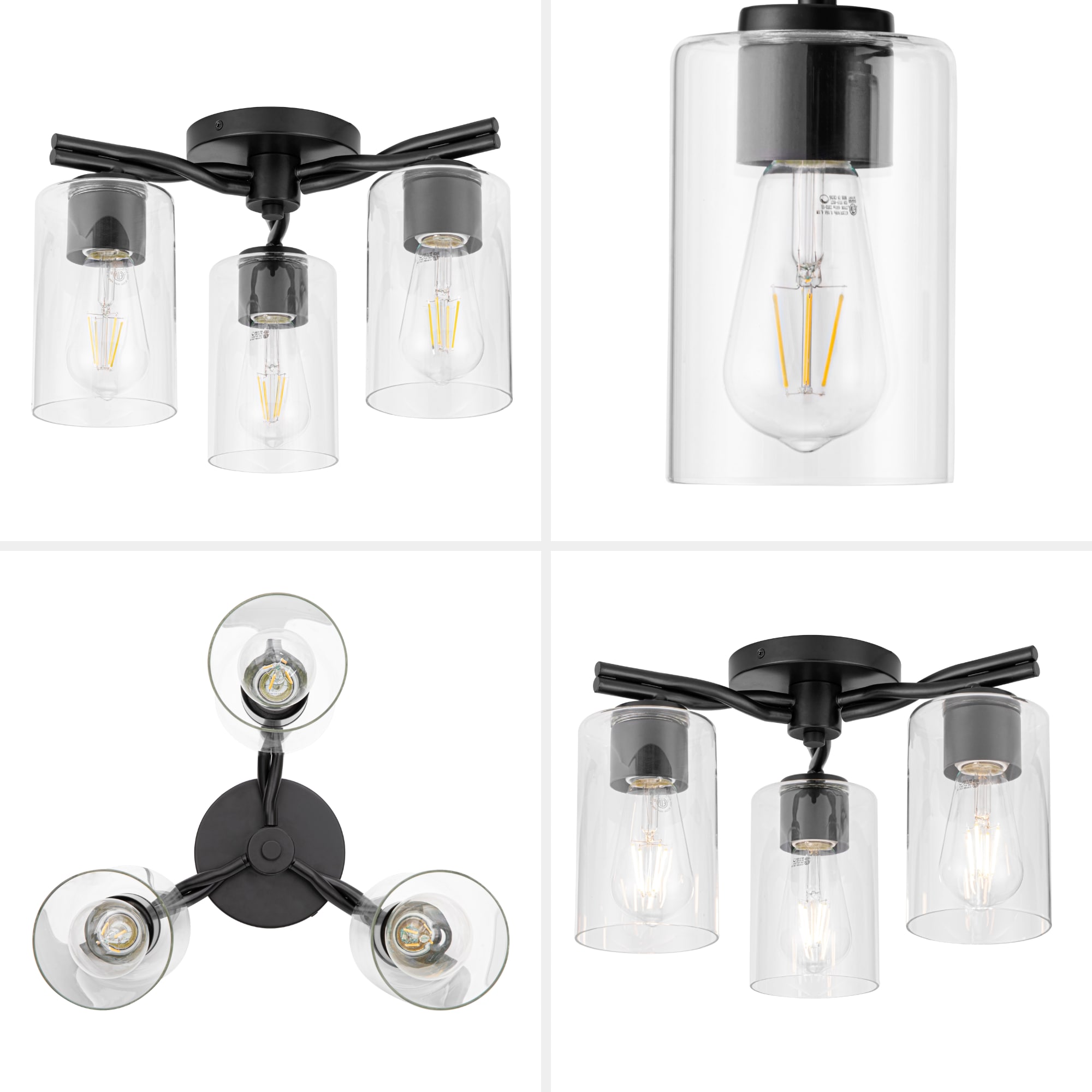 Matte Black 3-Light Semi-Flush Mount with Clear Glass Shades