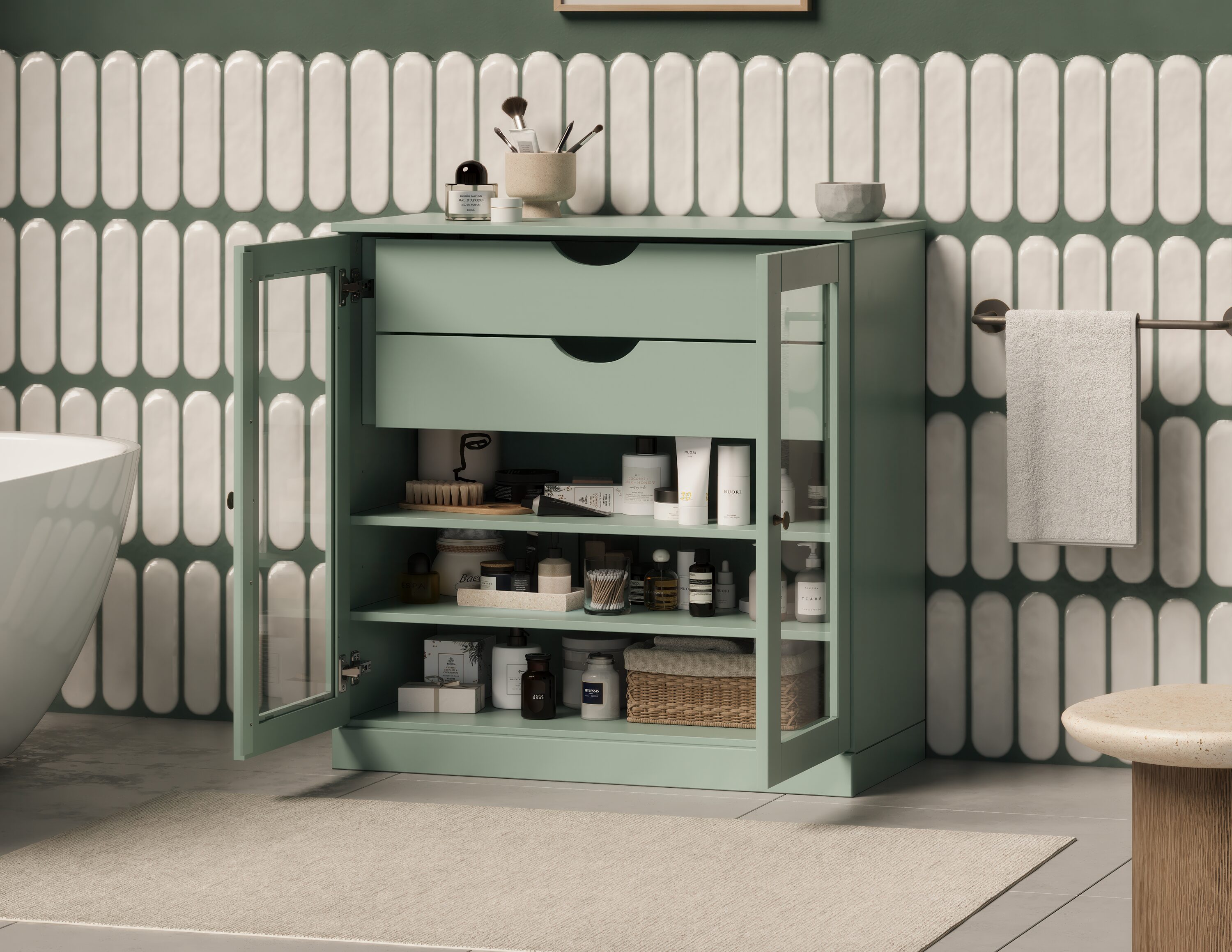 Palace Imports 32-in W Solid Wood Short Clear Glass Bathroom Linen Laundry Room Storage Cabinet with 2 Drawers