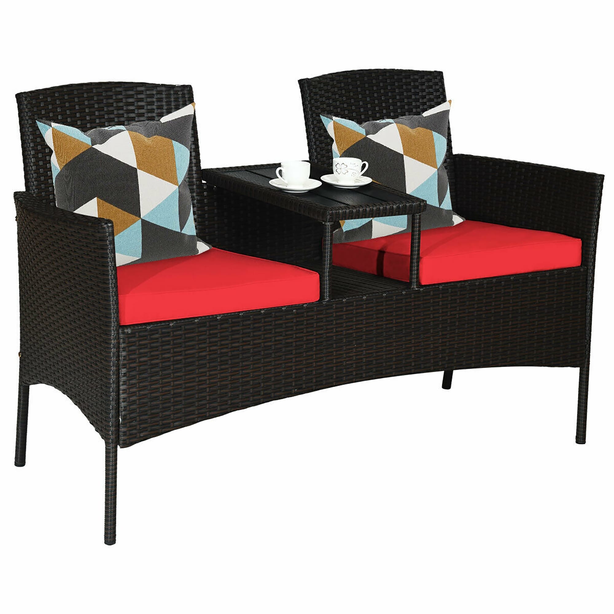 CASAINC WF-HW63233RE-LA Patented Modern Patio Set with Built-in Coffee Table and Cushions Rattan Patio Conversation Set with Red Cushions