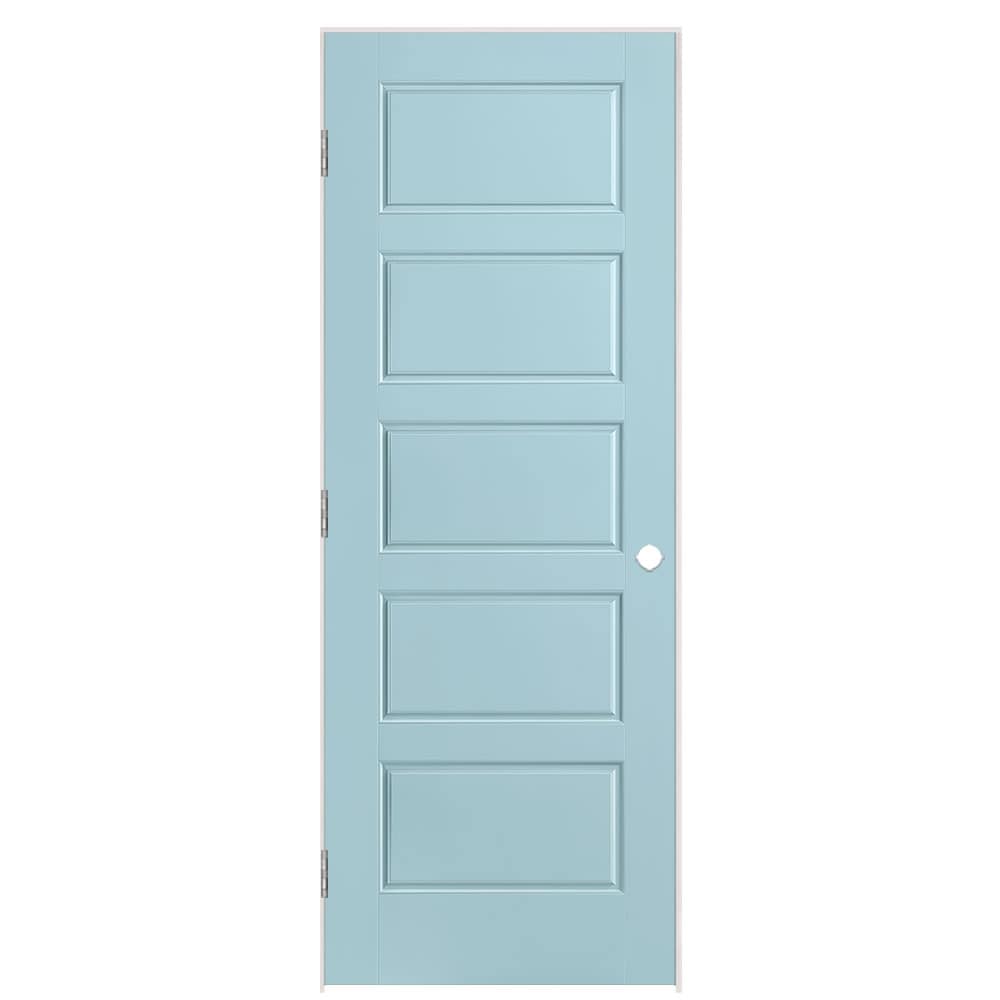 Masonite 1444662 30-in x 80-in Sea Mist Solid core 5-panel equal Right hand Smooth Prefinished Molded composite Flat Jamb Single Prehung Interior Door