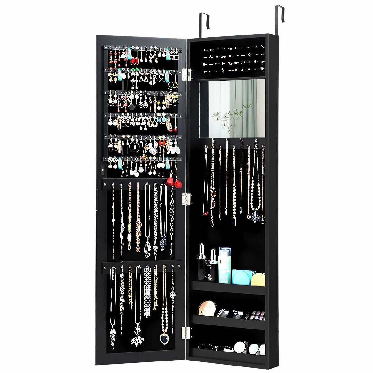 Slickblue Wall or Door Mounted Mirrored Jewelry Armoire with Hooks and Storage Shelves for Bedroom in 3 Color Options
