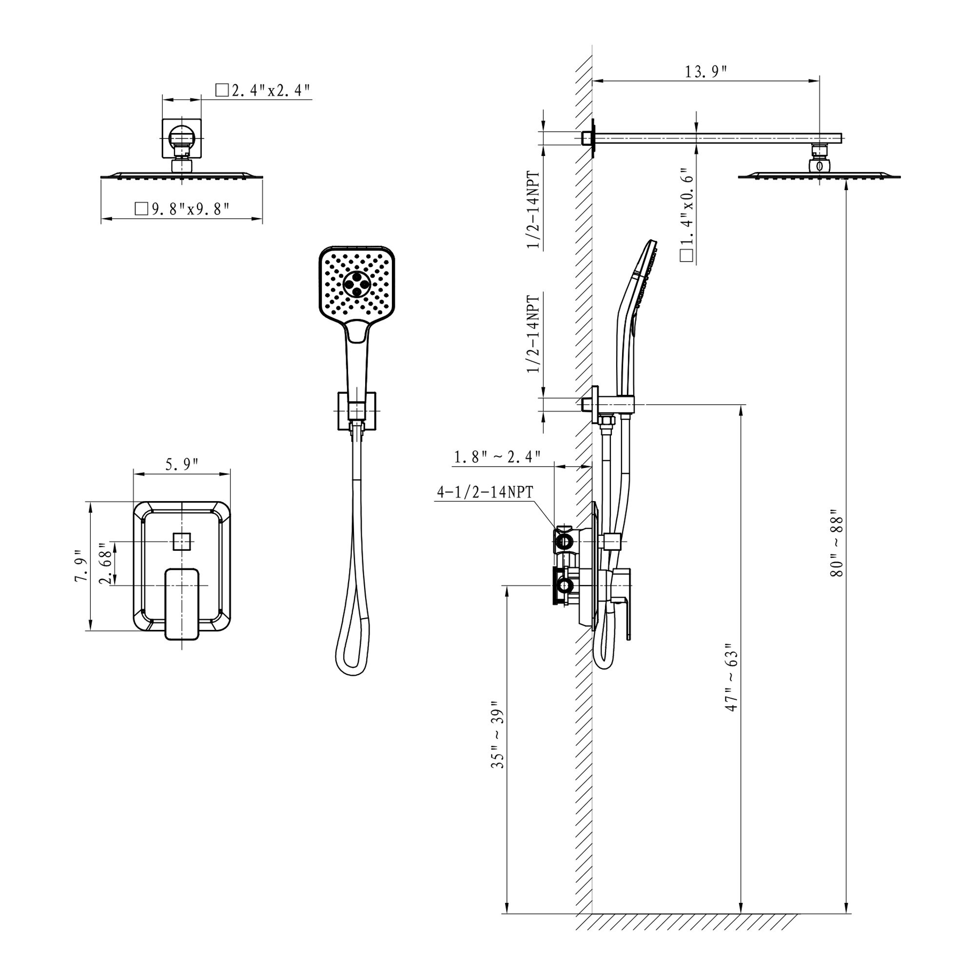 Mondawe AM-S133AC-10BN Showerhead-Bar-Panels - View #11