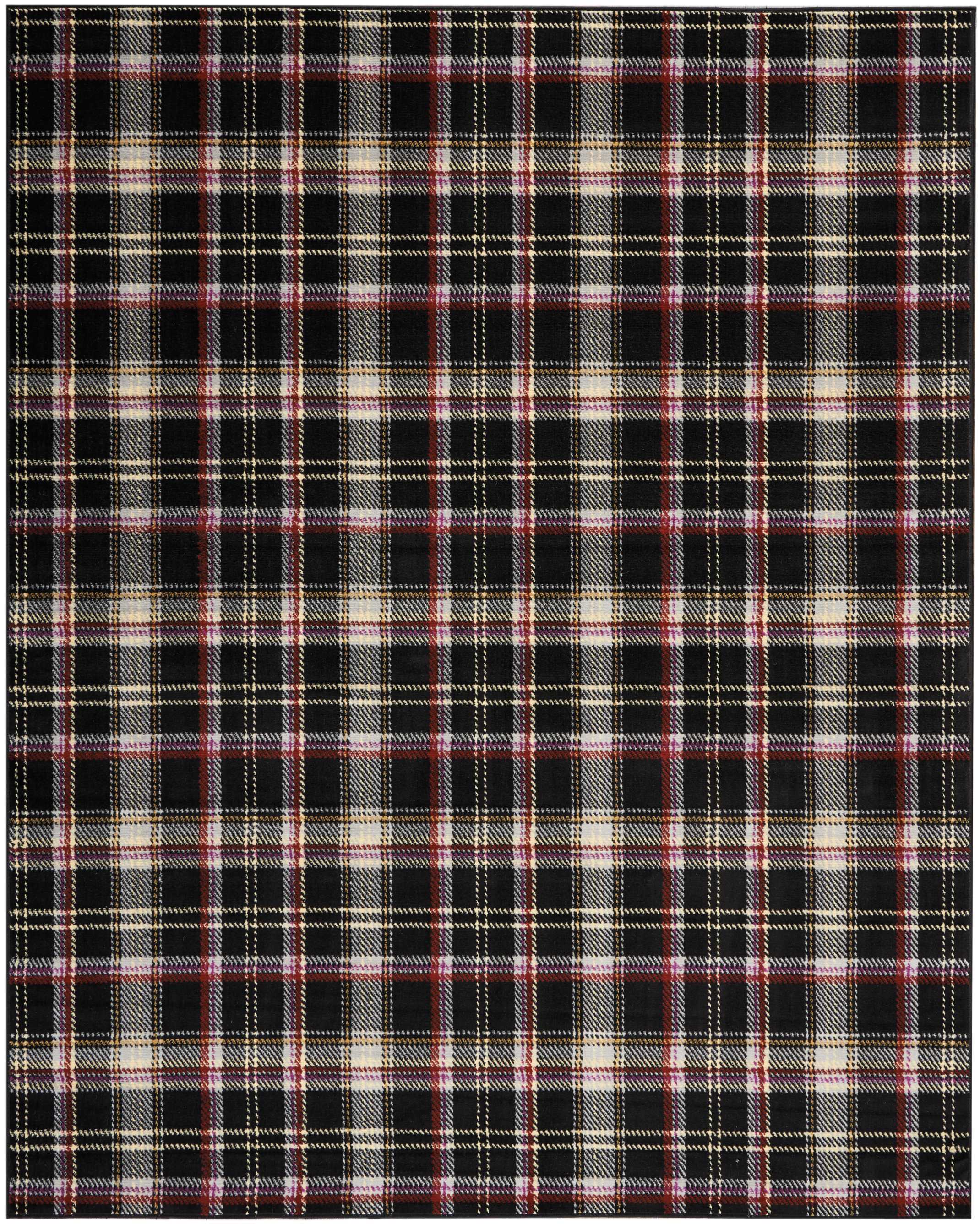 Hand-Knotted Black Plaid 8' x 10' Synthetic Area Rug