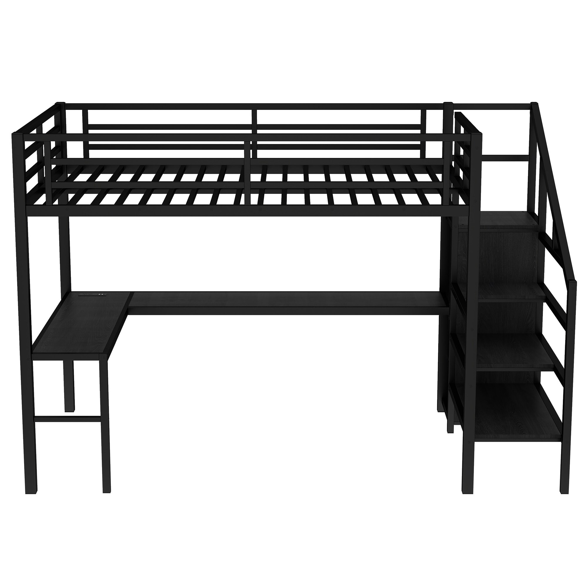Bellemave Black Full Size Metal Loft Bed with L Shaped Desk Wardrobe ...