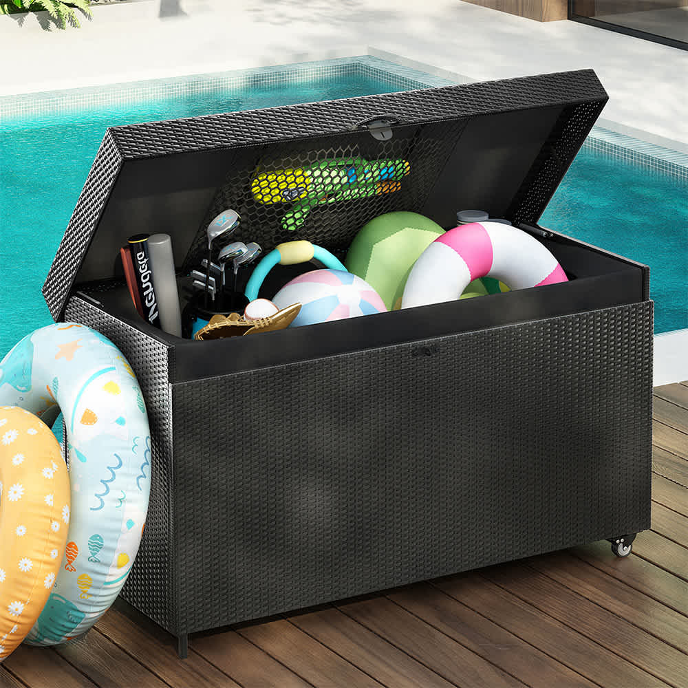 JUJABU DECKBOX-5 Black Wicker Deck Box with Wheels All Weather Outdoor Storage Box for Patio Furniture Garden Tools