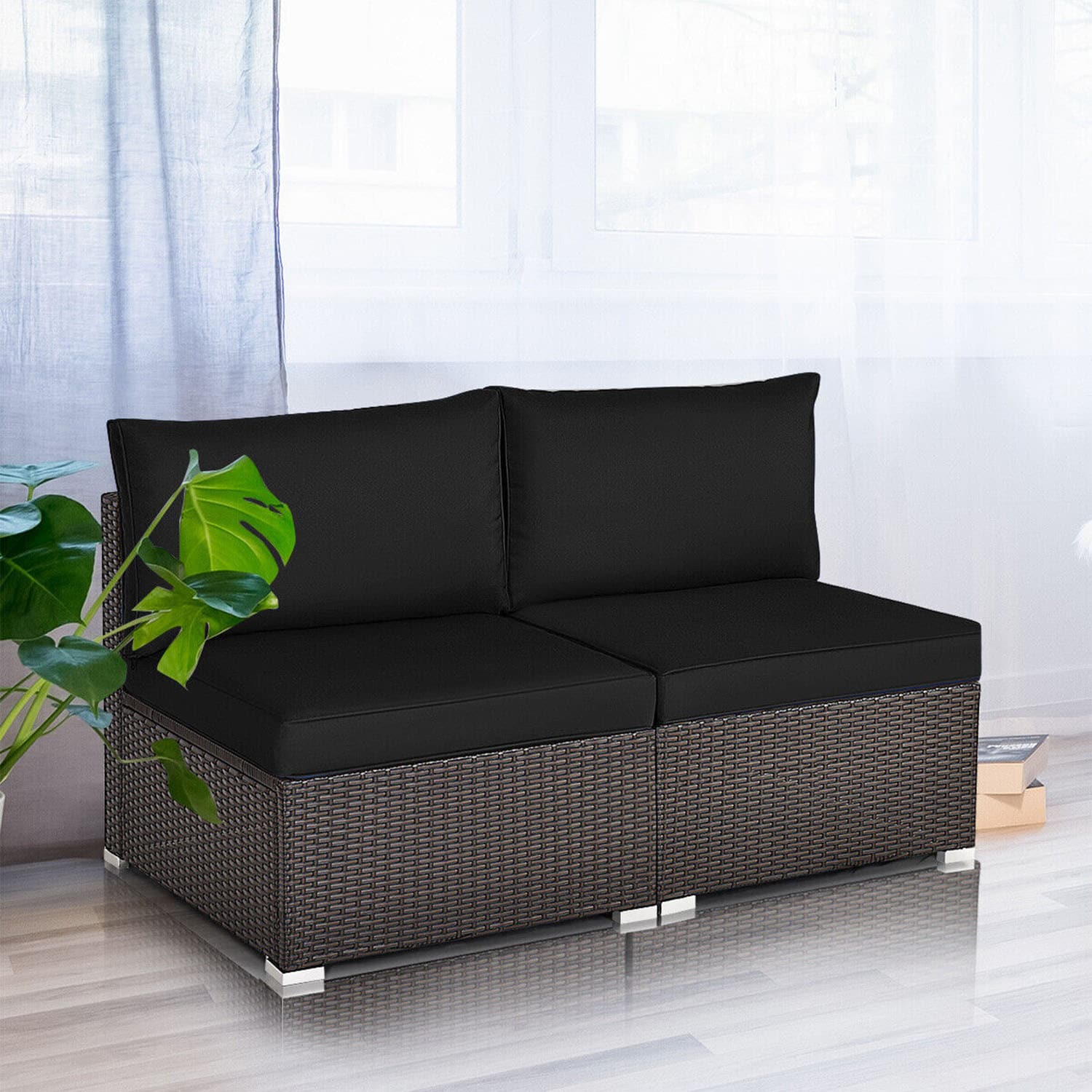 Black and Brown Rattan Armless Outdoor Sectional Sofa