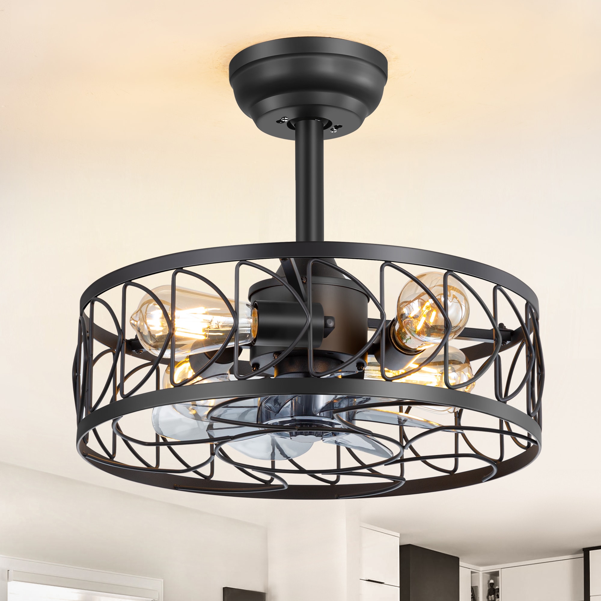 Breezary 35045-BK Semi-Flush 16.5-in Matte Black with Gray Blades Cage Ceiling Fan With Light - Remote Included ( 7 -Blade )