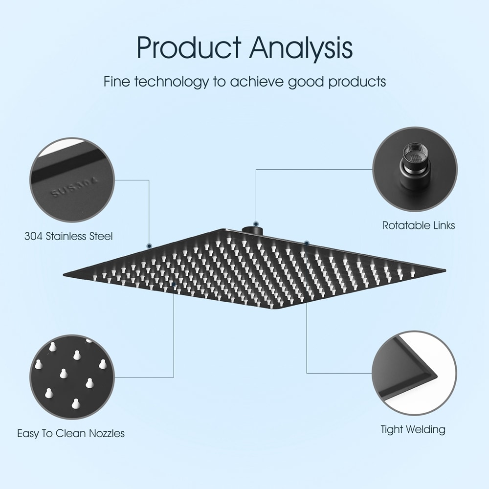 Matte Black 12-Inch Square Stainless Steel Rain Shower Head