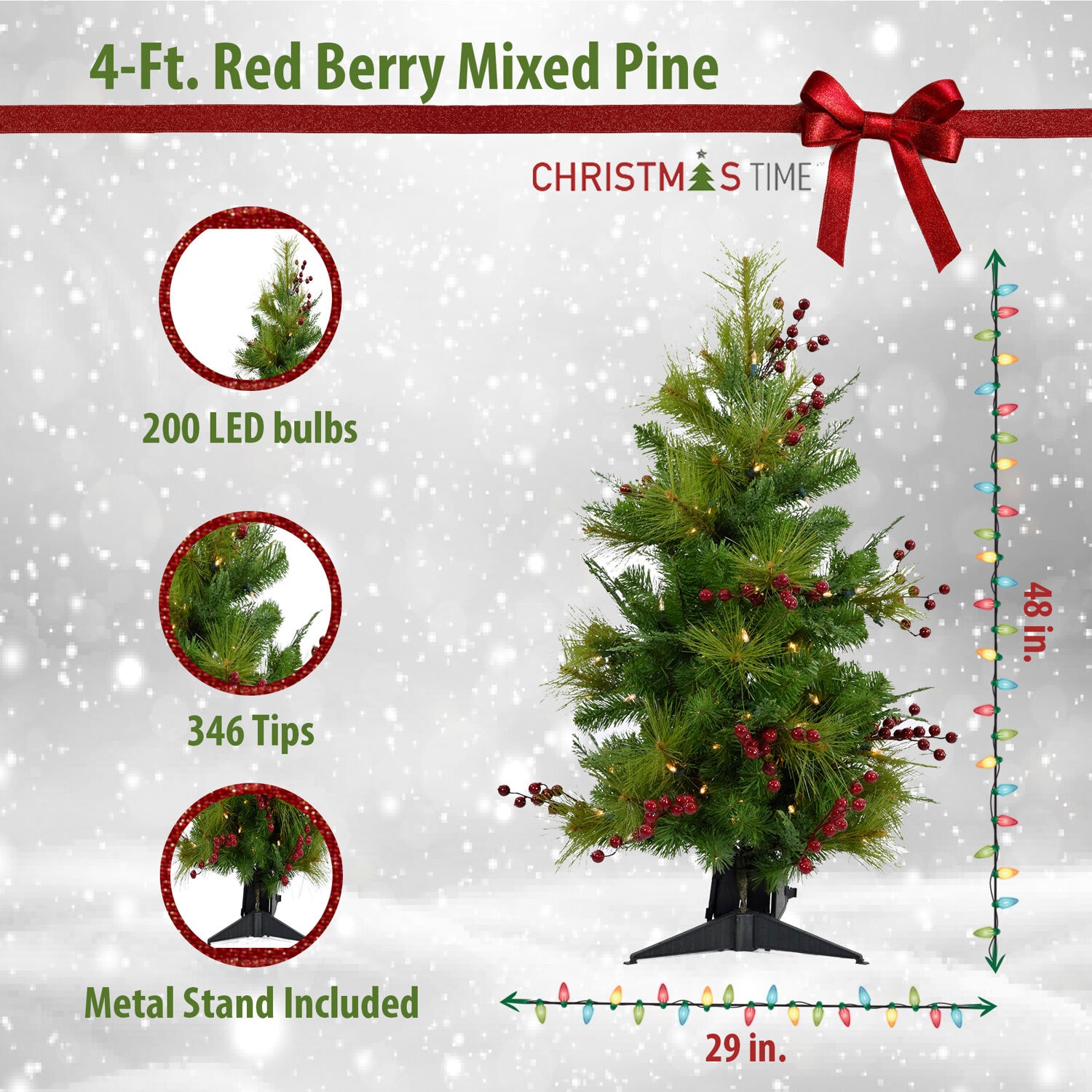 4-Ft Green Pine Tabletop Christmas Tree with Multi-Color LED Lights