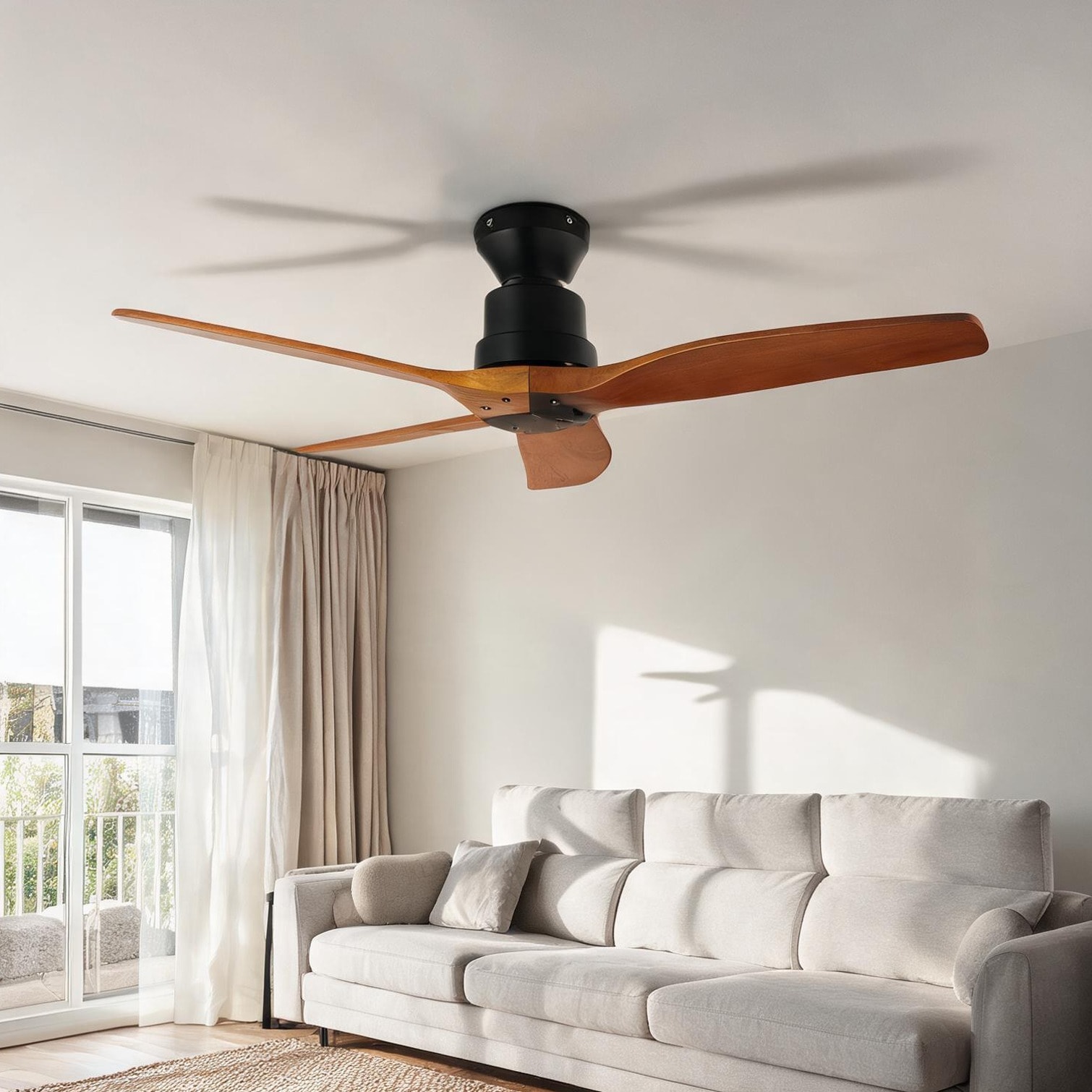 chillscreamni - 52-Inch Ceiling Fan Without Light Deep Black with Wood Blades Flush Mount for Bed...