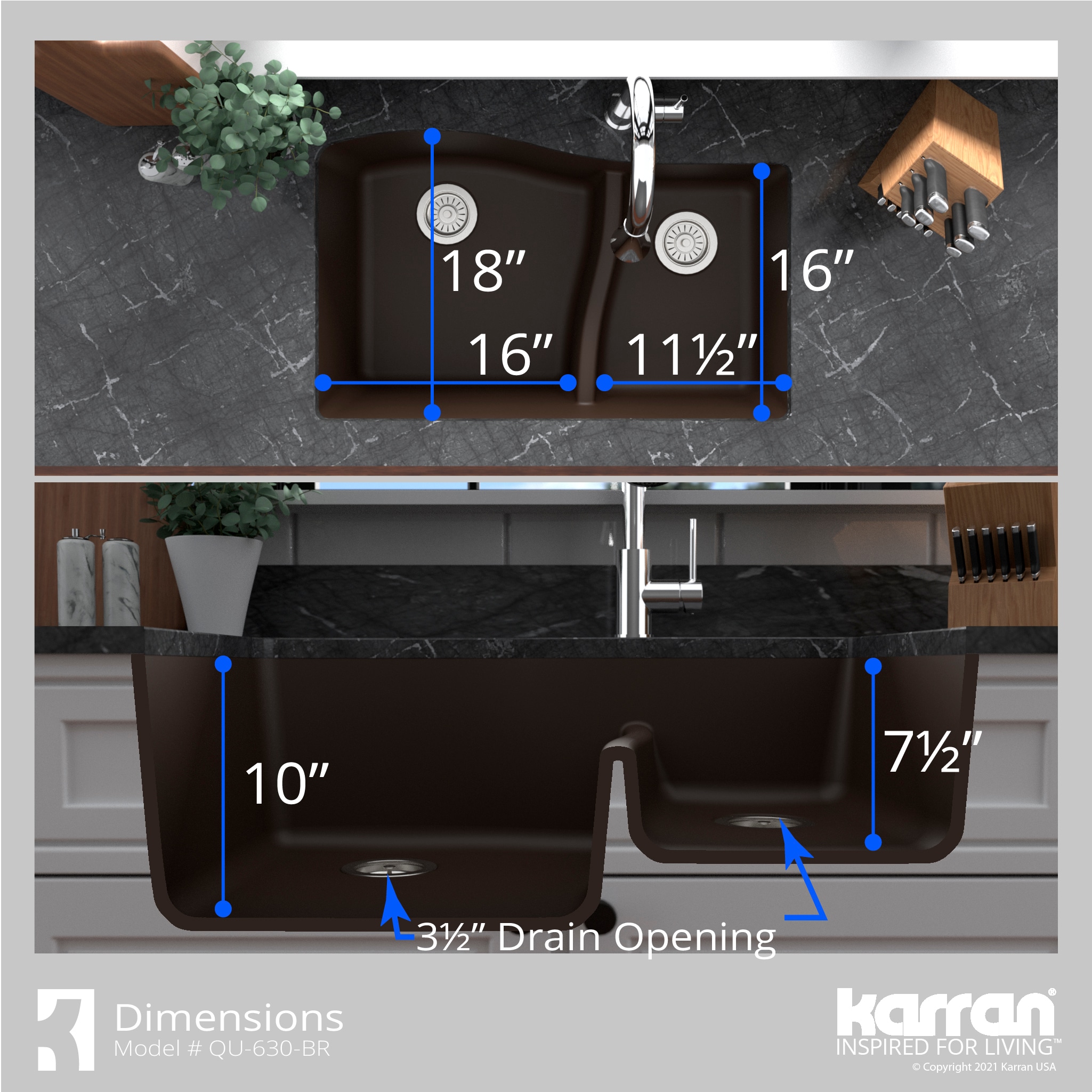 Karran Undermount 32-in x 21-in Brown Quartz Double Offset Bowl Kitchen ...