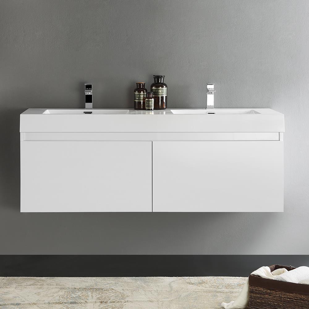 Glossy White 59" Wall-Mounted Double Sink Vanity with Acrylic Top