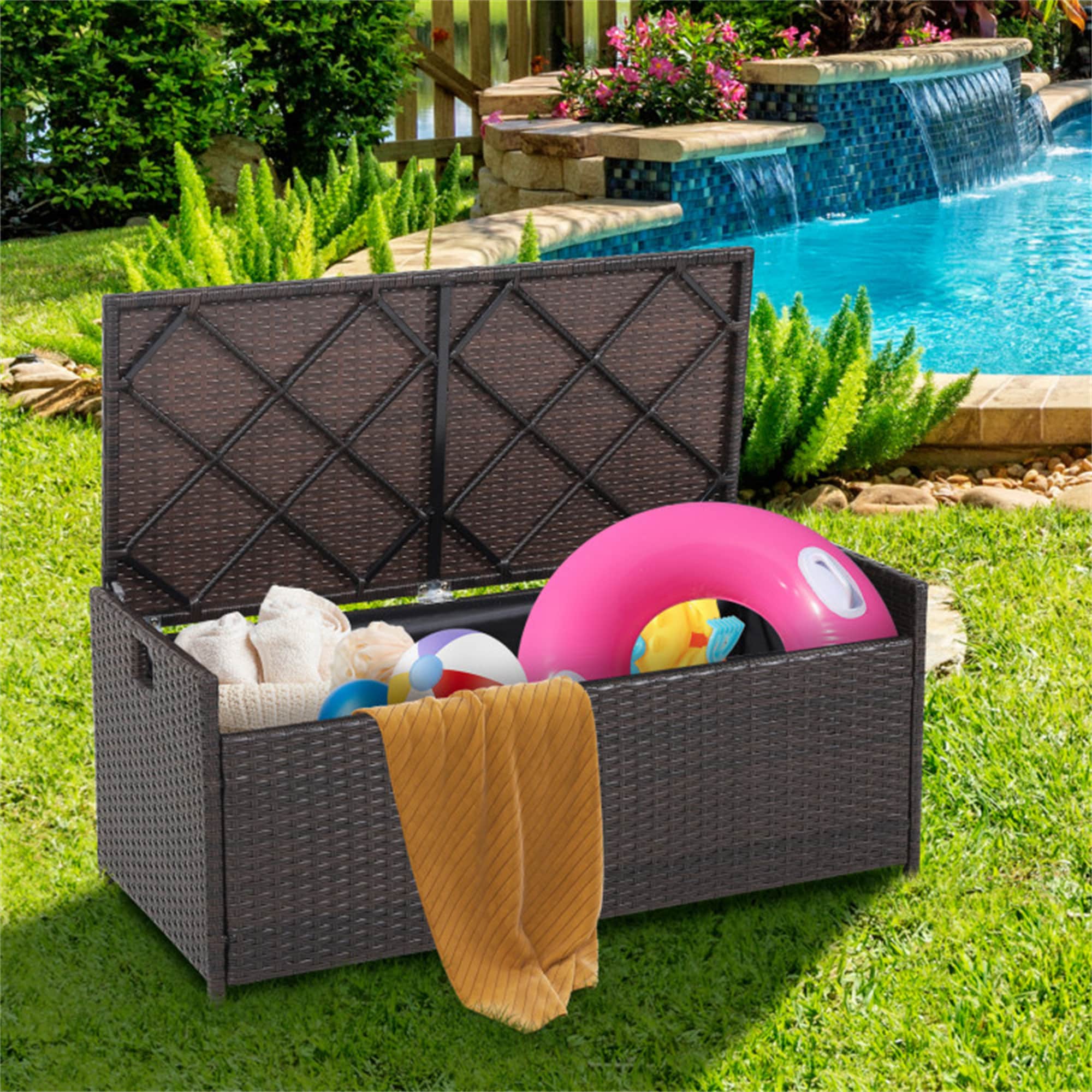BABOOM BOM-HW70797-CO Patio Storage Bench Mix Brown Rattan Ottoman