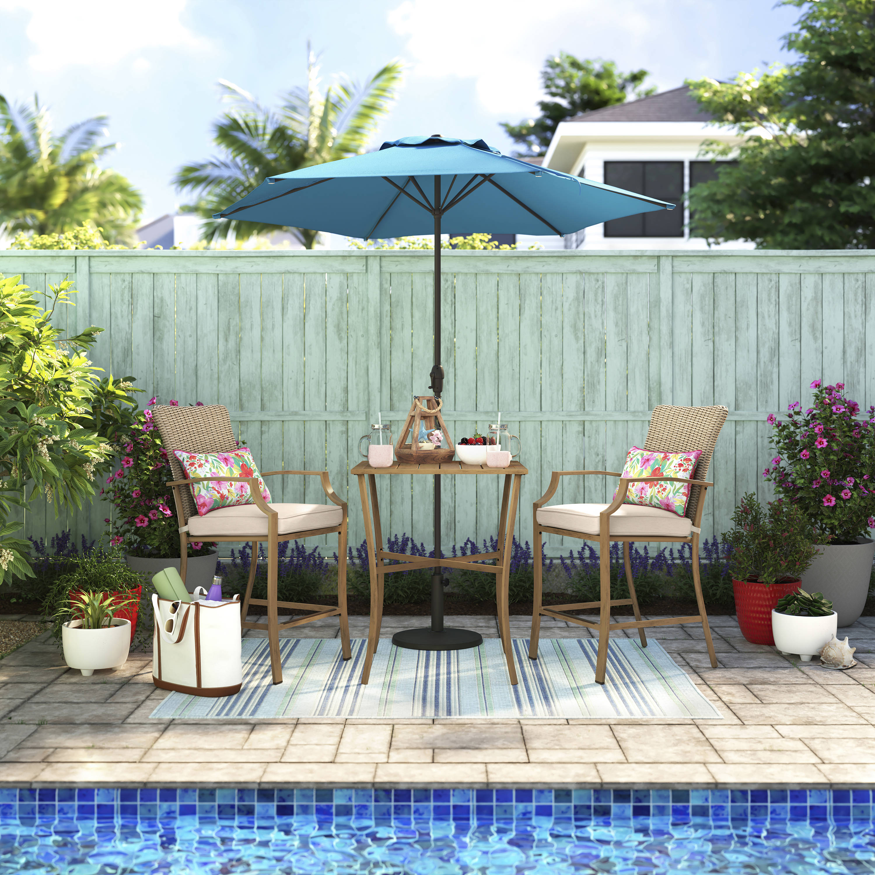 Garden Treasures Oakview Terrace 3 -Piece Tan Wicker Bar Height Patio Dining Set Steel Square Table with 2 Tan Cushions Stationary Chairs