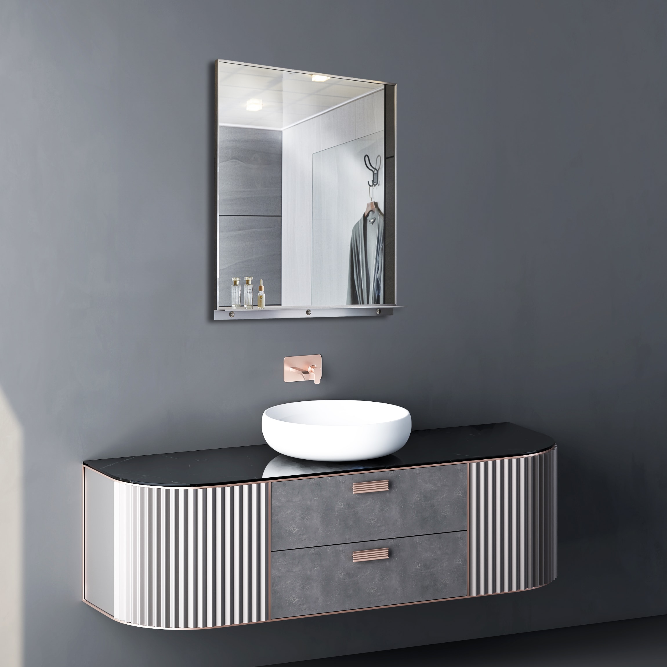 Lexi 24" x 32" Silver Aluminum Rectangular Mirror with Shelf