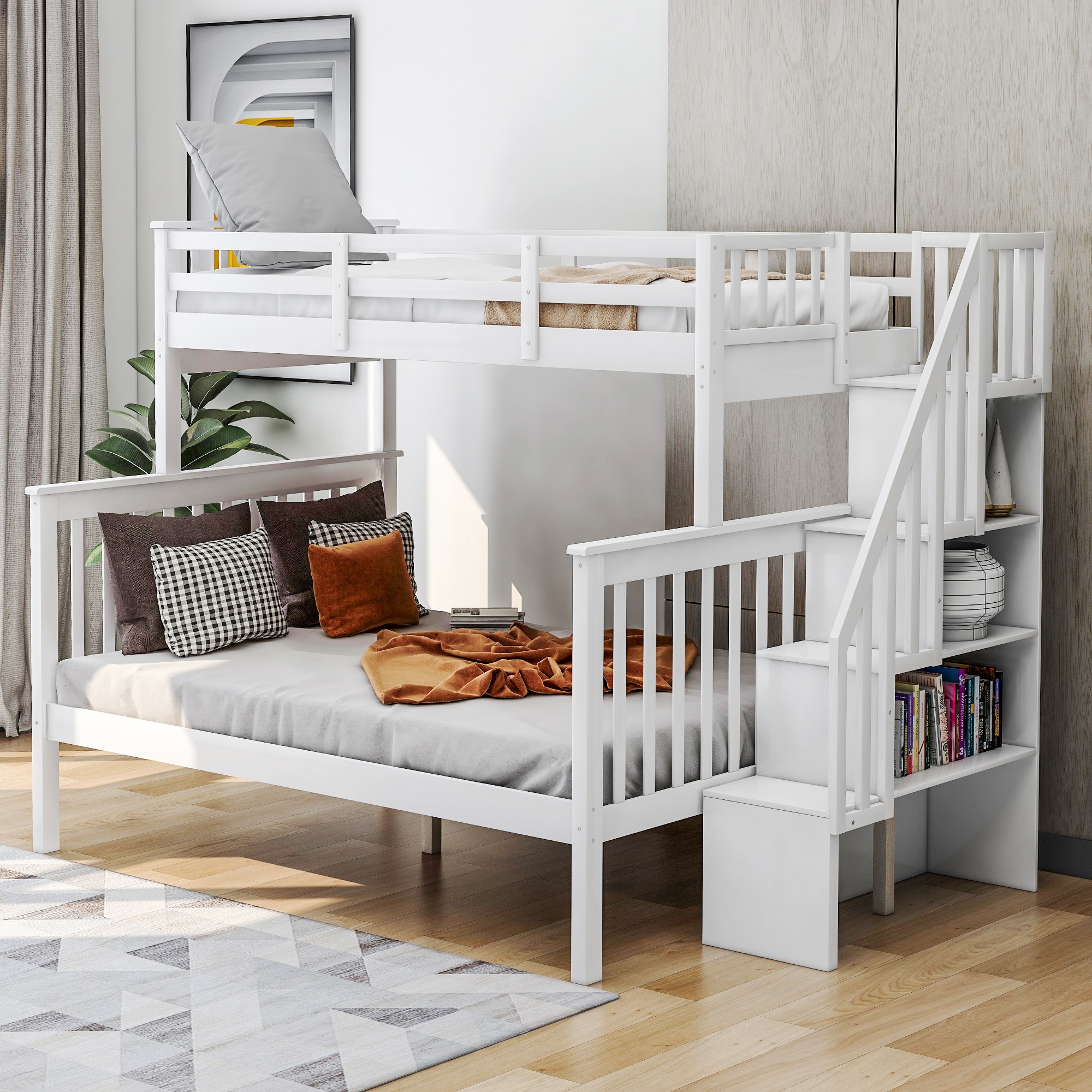 ModernLuxe LT000019AAK Stairway TwinOverFull Bunk Bed with Storage and Guard Rail for Bedroom White color