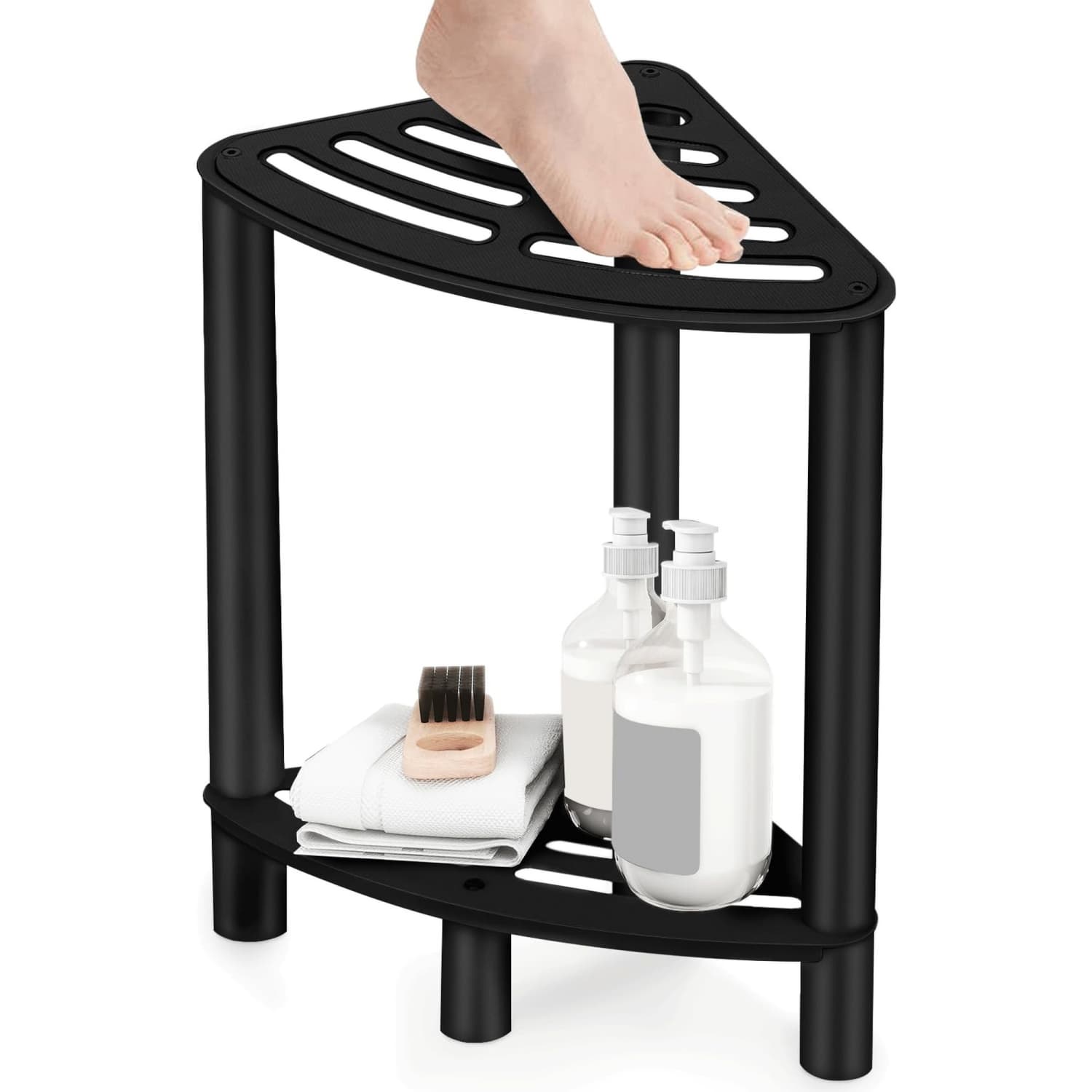Angel Sar Matte Black Corner Shower Stool with Storage Shelf for Inside Shower #L2ZQYA629BSS11