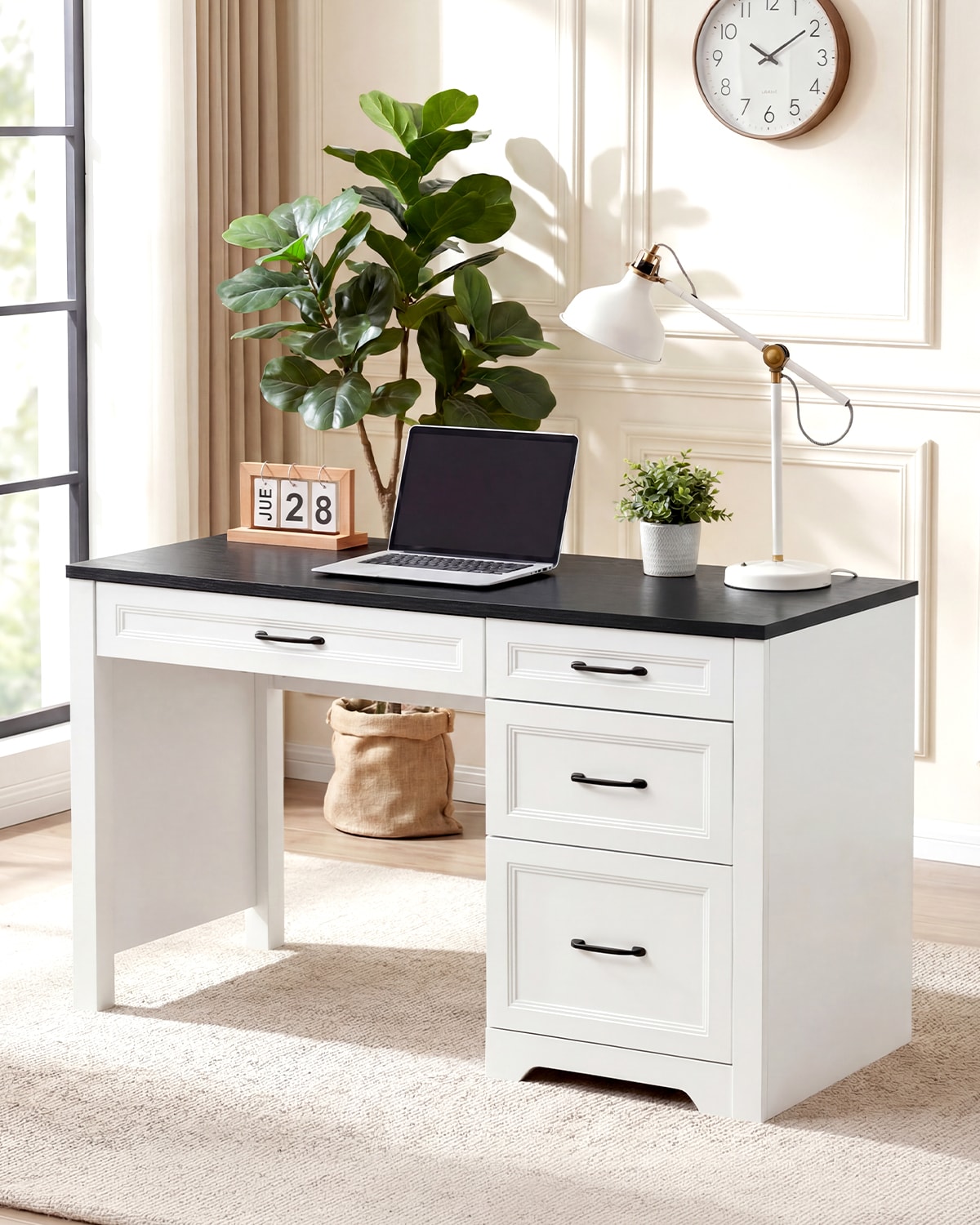 IdealHouse Space-Saving Farmhouse Executive Desk - File Cabinet and Storage Drawers - Small Office Desk for Bedroom or Home Workspace - Black and White