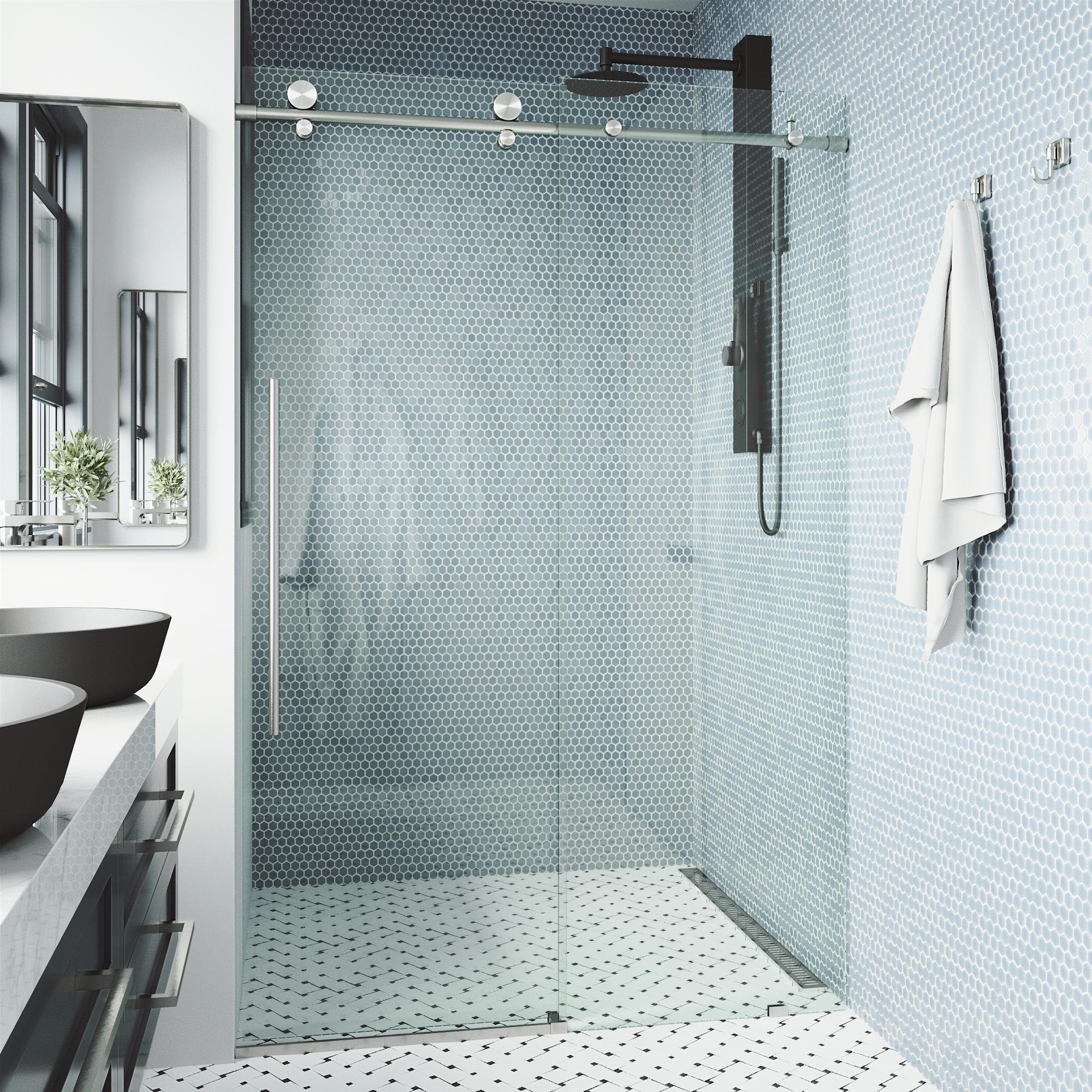 DreamLine Enigma-XO 68-72 in. W x 76 in. H Fully Frameless Sliding Shower Door, Polished Stainless Steel