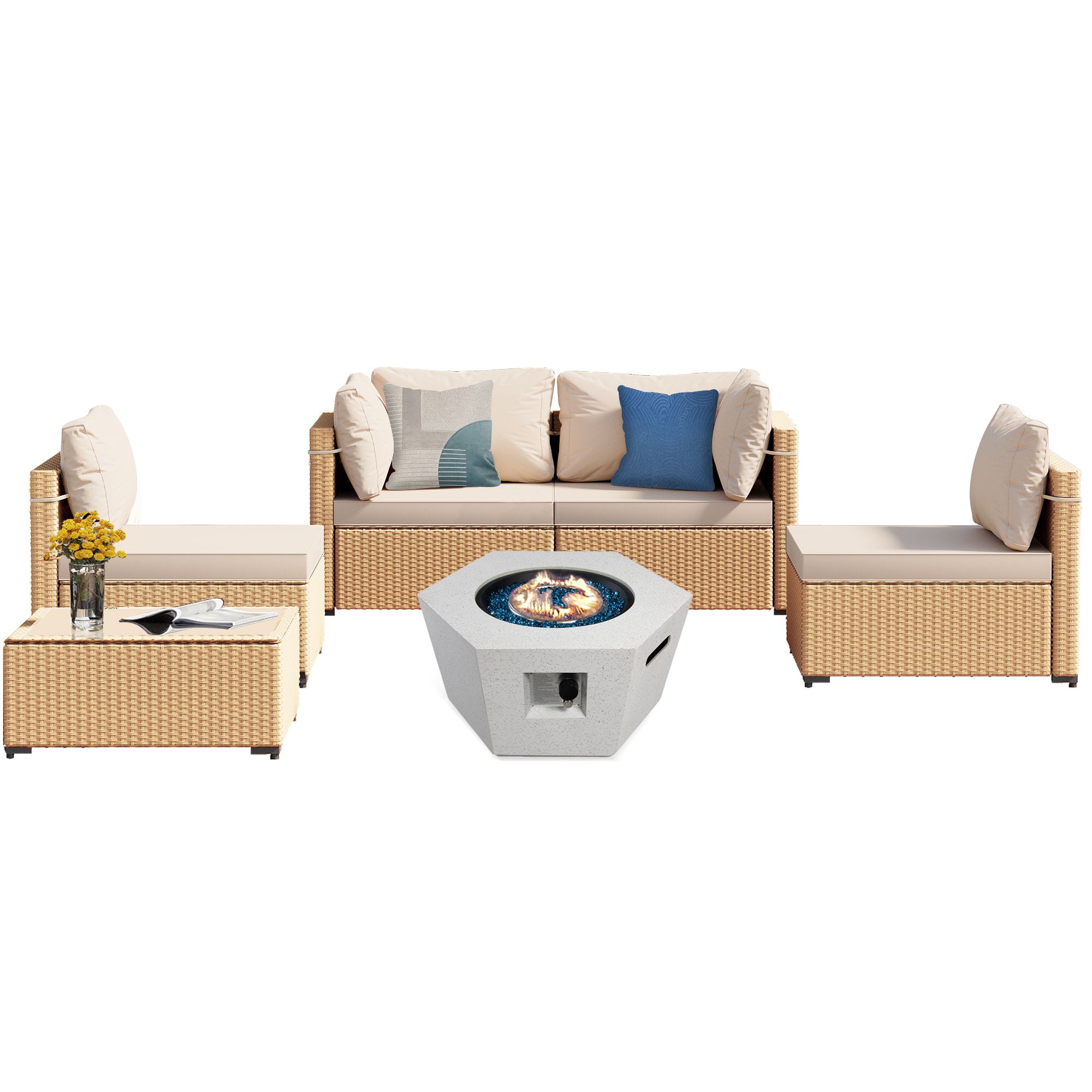 UPHA TBBE-AB28SMB-BEIGE 6 -Piece Wicker Patio Conversation Set with Off-white Cushions