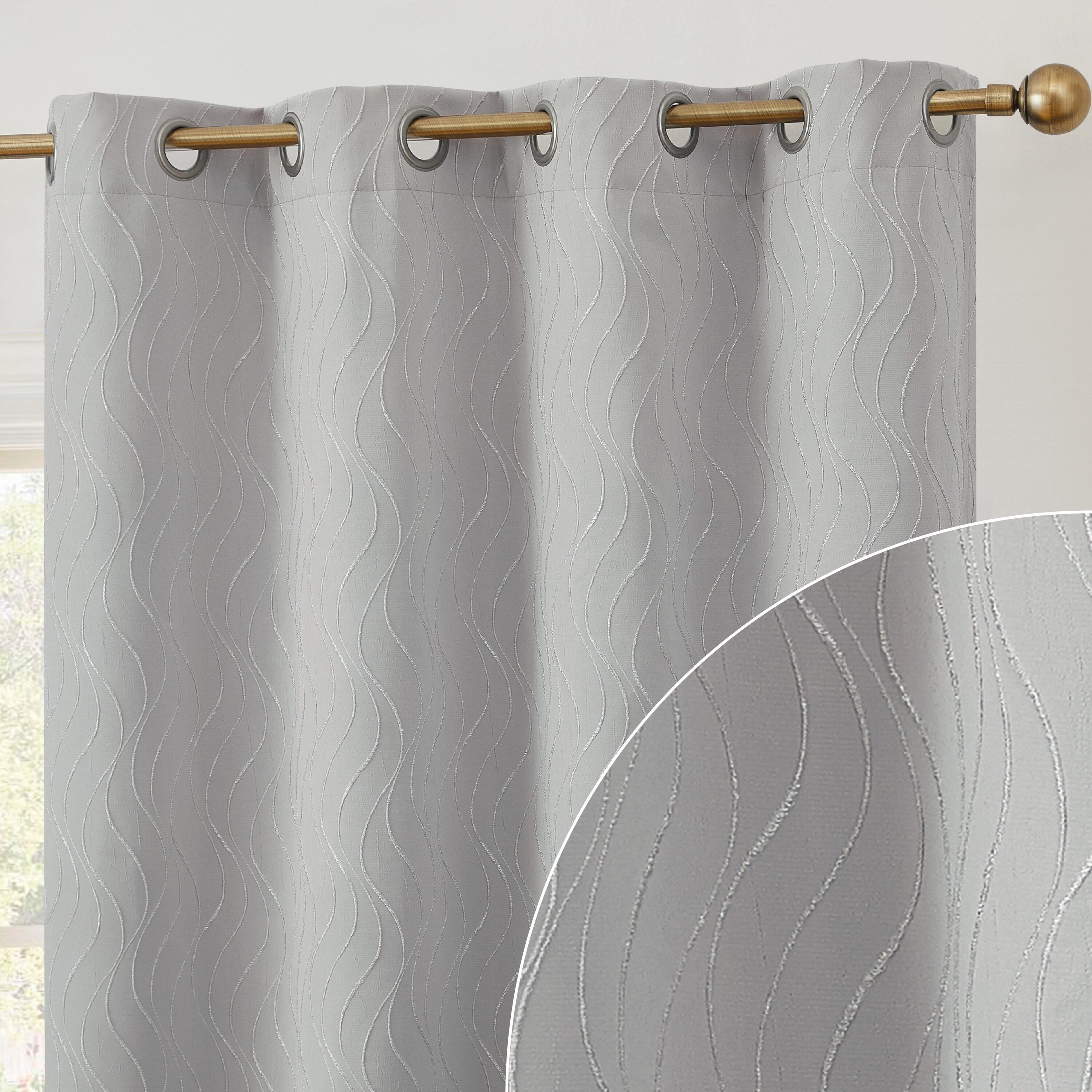 Totally Home Decor CMDN-108LTGRY 108-Inches Light Grey/Silver Striped Blackout Thermal lined Grommet Curtain panel pair