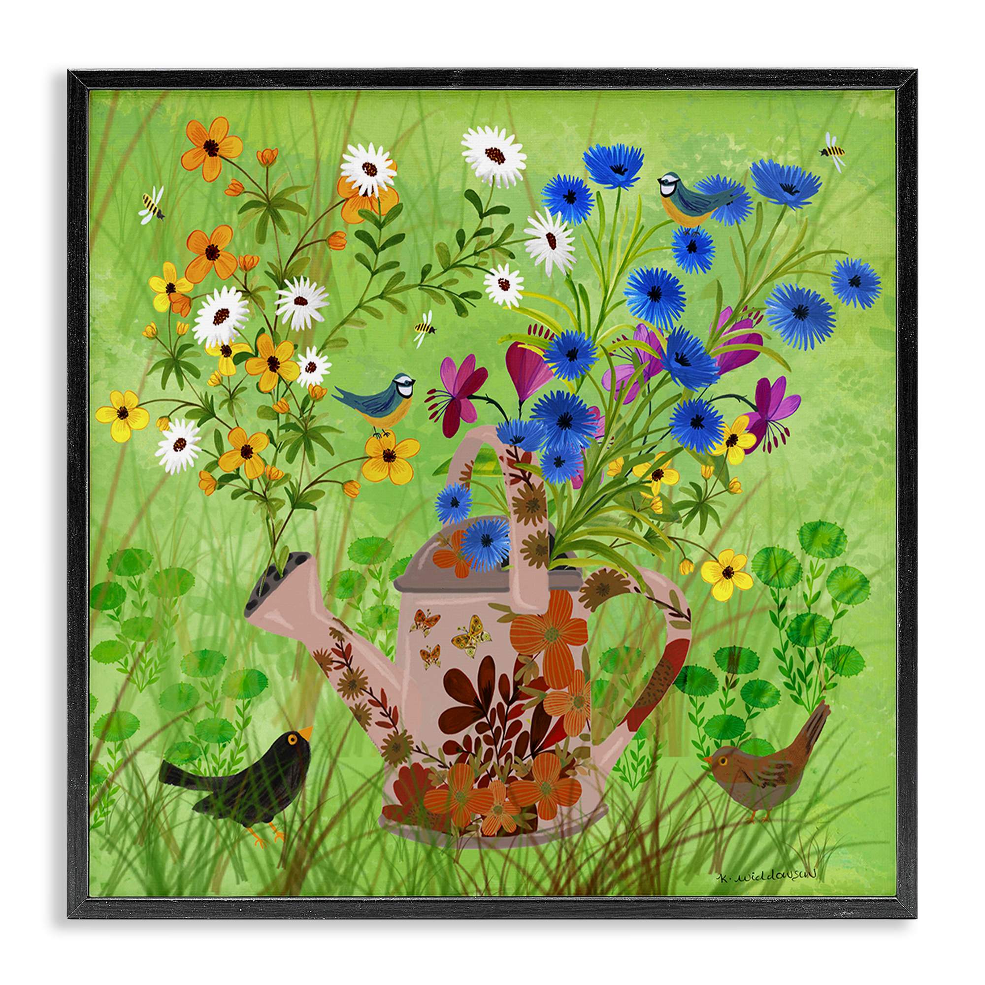 Stupell Industries BS-594-FR-17X17 Bright Gardening Can and Birds Black Framed Giclee Art By Kay Widdowson 17 x 17