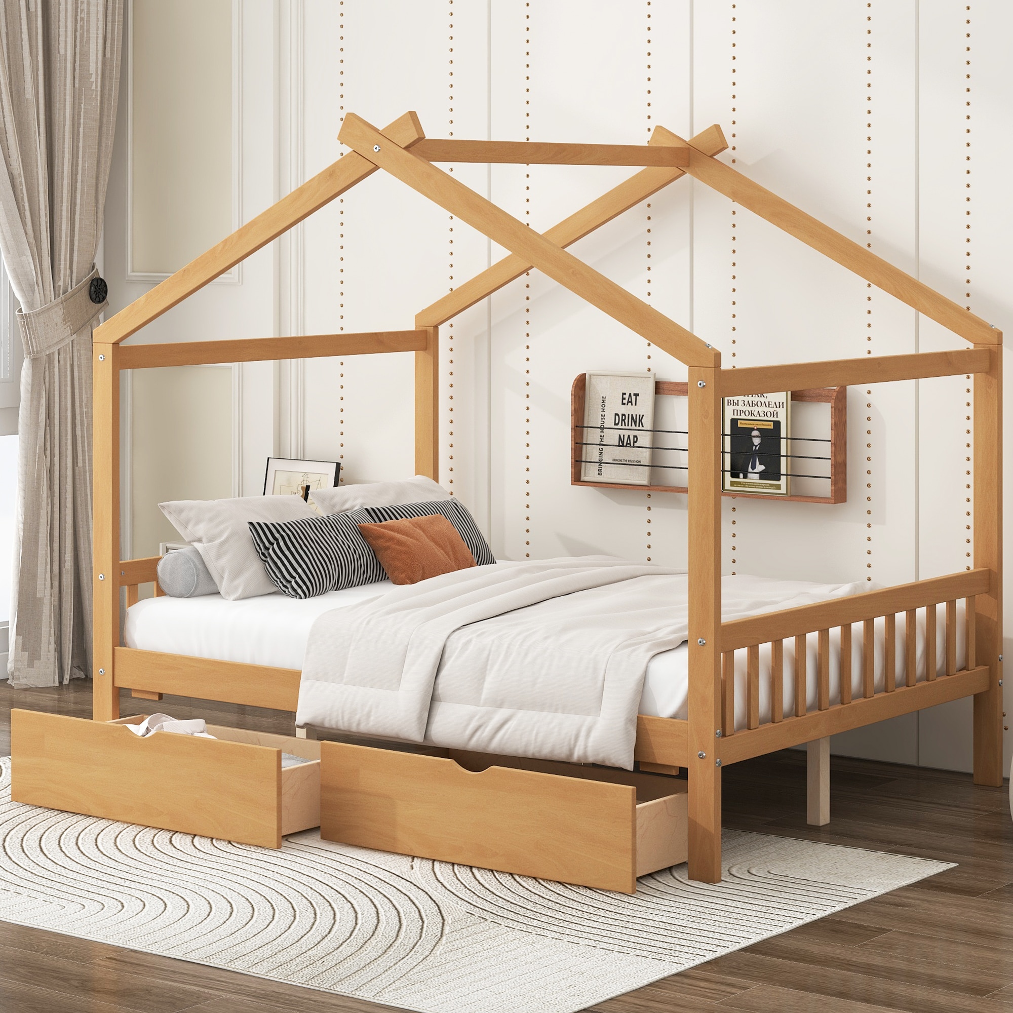 ModernLuxe WF292923AAD Full Size House Platform Bed with Two DrawersHeadboard and FootboardRoof DesignNatural
