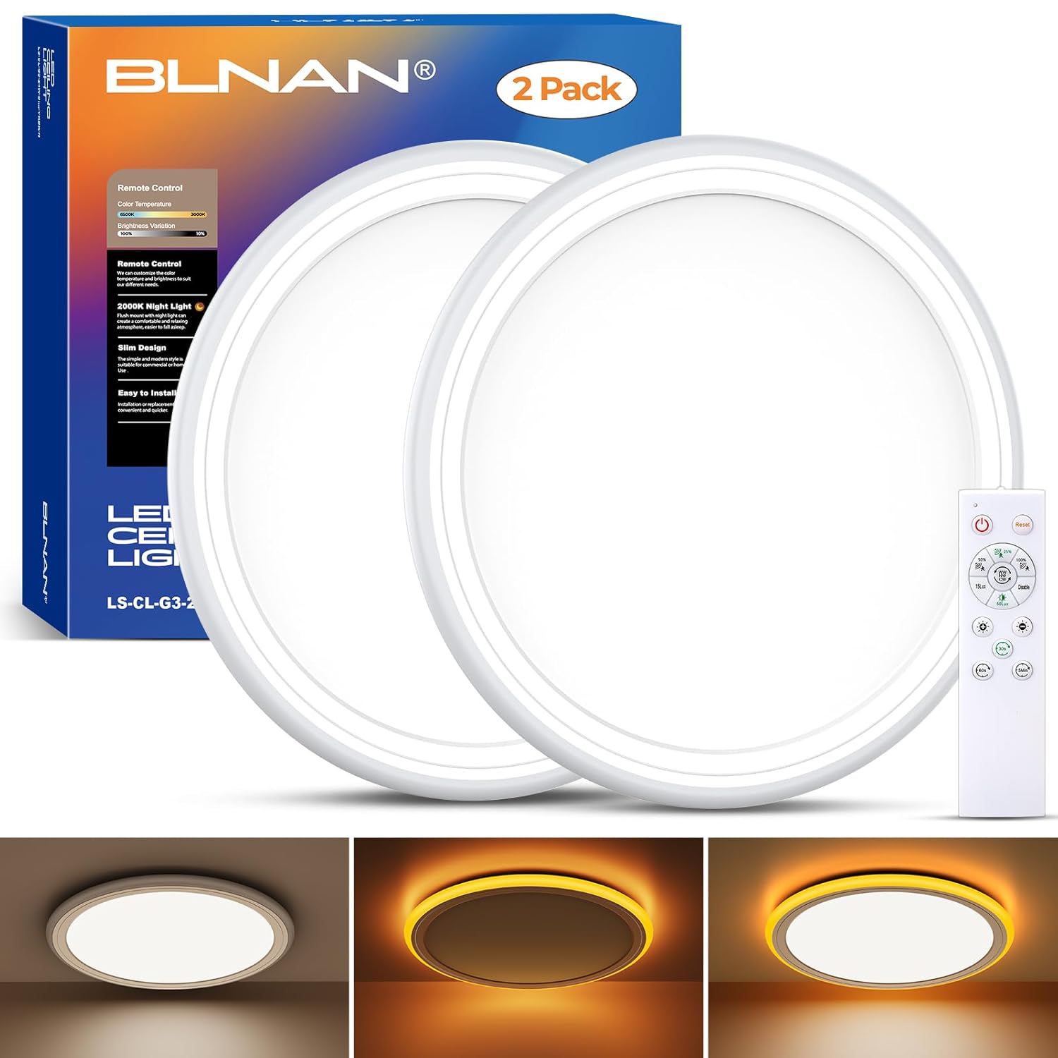 BLNAN 2-Pack 13 in Round LED Flush Mount Ceiling Light Fixture with Remote Control Dimmable 3000K-6500K plus 2000K Night Light 24W Low Profile White