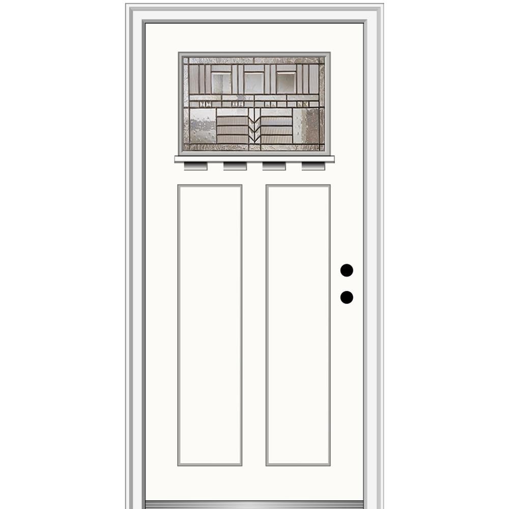 MMI DOOR ZZ3664646L 32-in x 80-in x 6-9/16-in Fiberglass Craftsman Left-hand inswing Alabaster Painted Prehung Front Door with Brickmould Insulating core