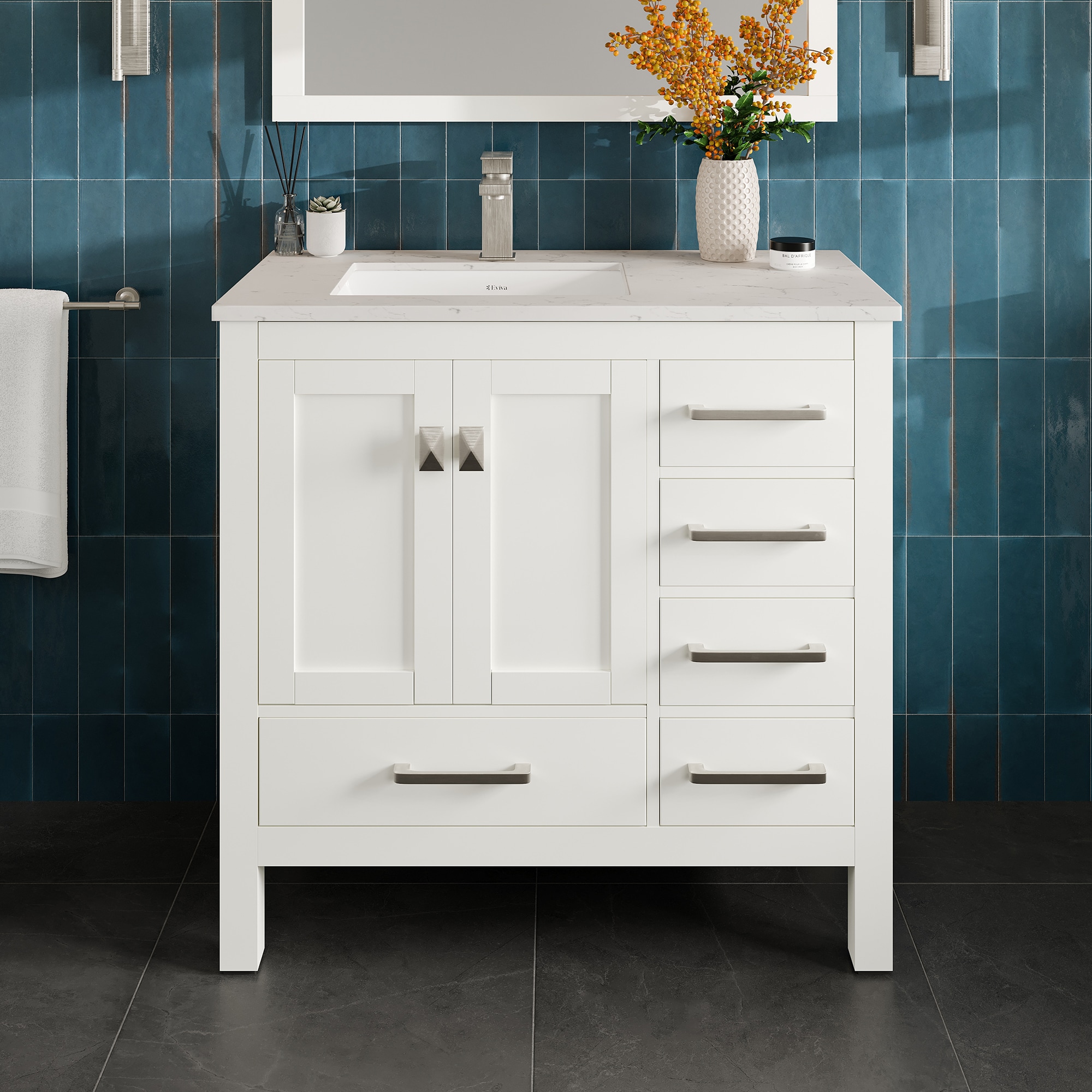 Eviva TVN414-38X18WH-Q London 38-in White Undermount Single Sink Bathroom Vanity with White Quartz Top
