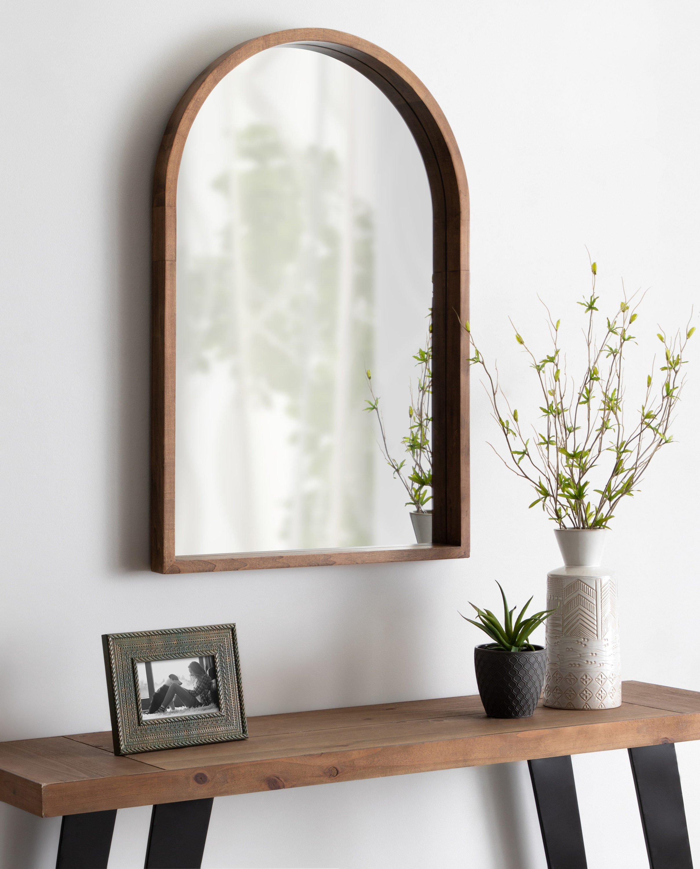 Head West Arch Natural Wood Wall Hanging Framed Decorative Mirror