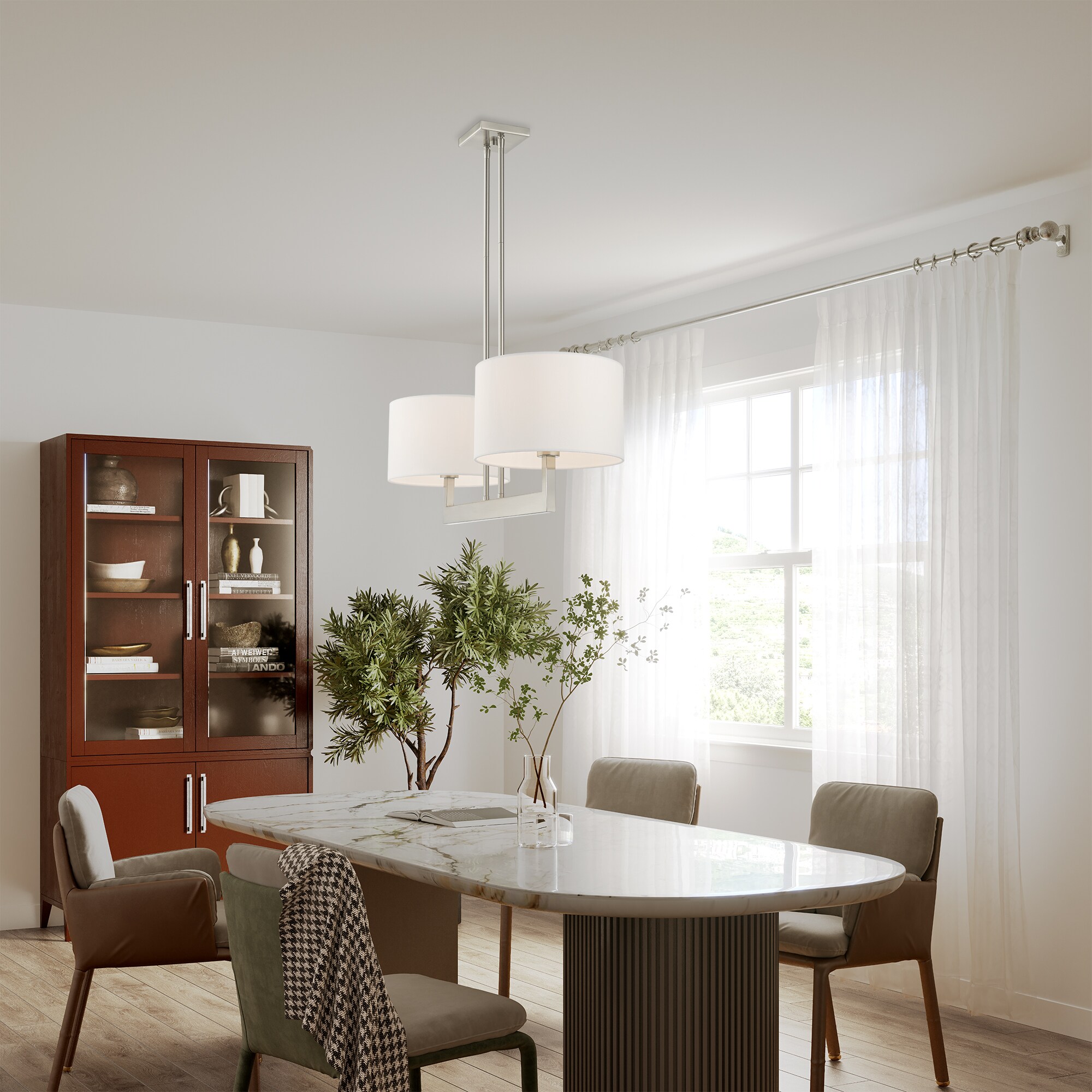Brushed Nickel Contemporary 2-Light Drum Chandelier with Off-White Shade