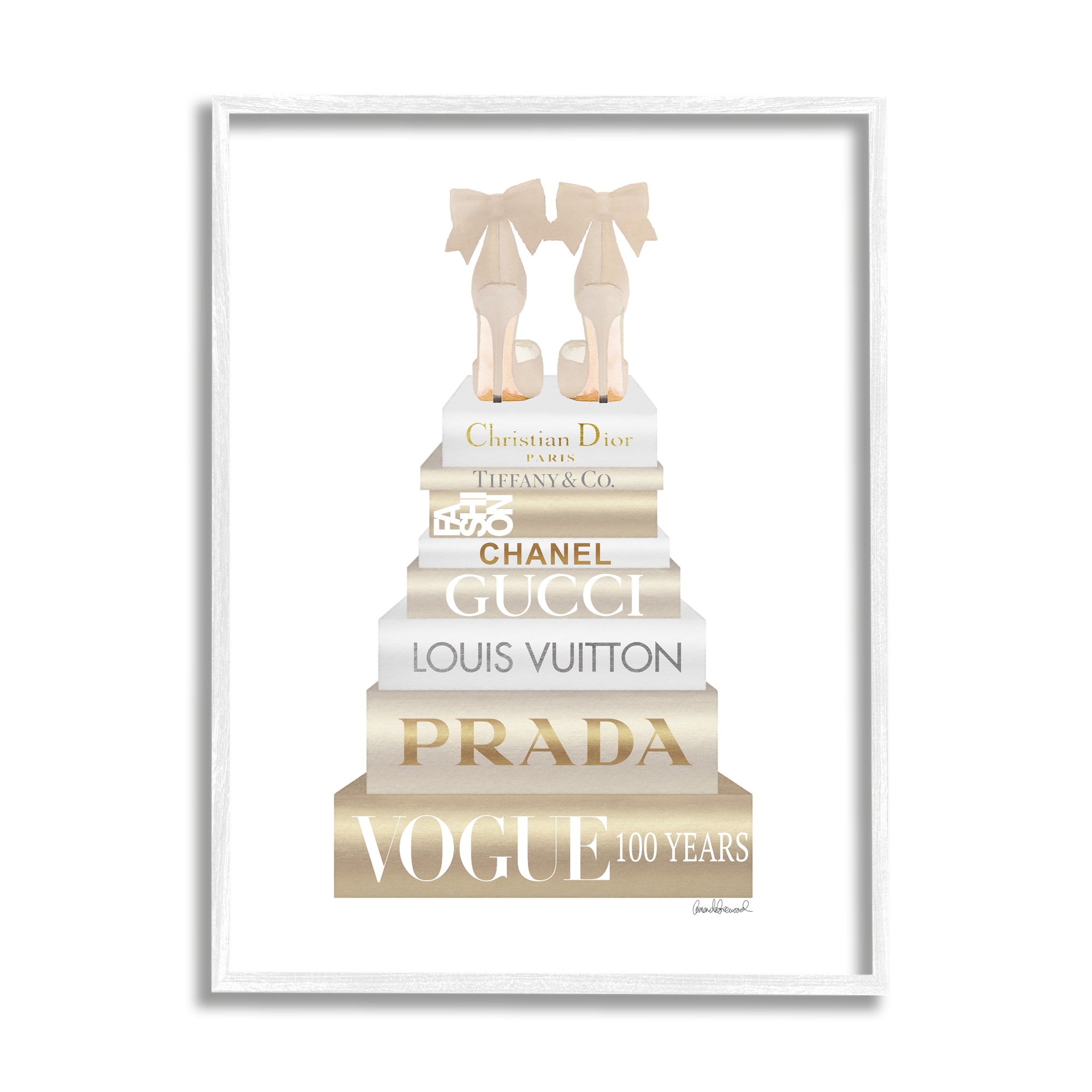 Stupell Industries Cream Bow Heels High Fashion Glam Bookstack Gray Framed Giclee, 11 x 14