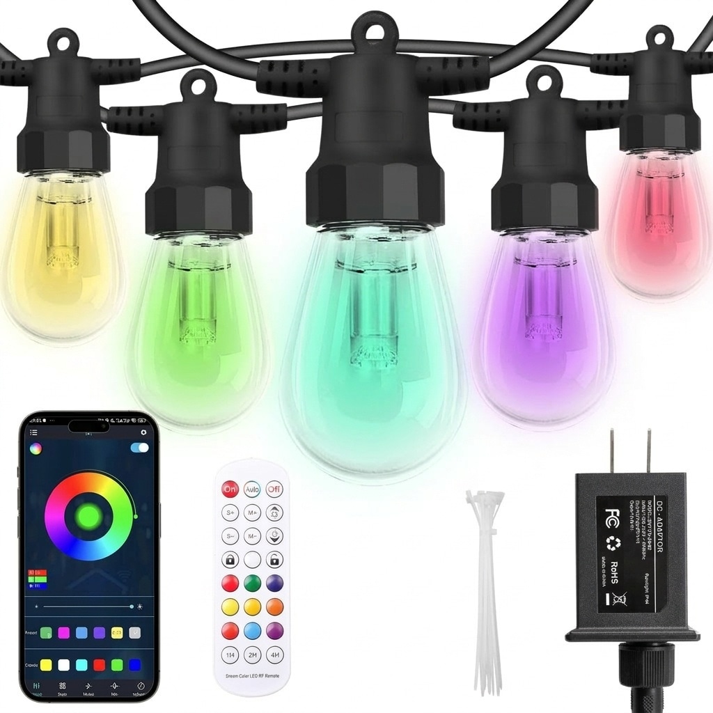 AOIZGMY Outdoor String Lights 100FT 2 Pack Patio Lights with 40 Dimmable RGBW LED Bulbs Waterproof Shatterproof APP and Remote Control Color #L05AZ07006