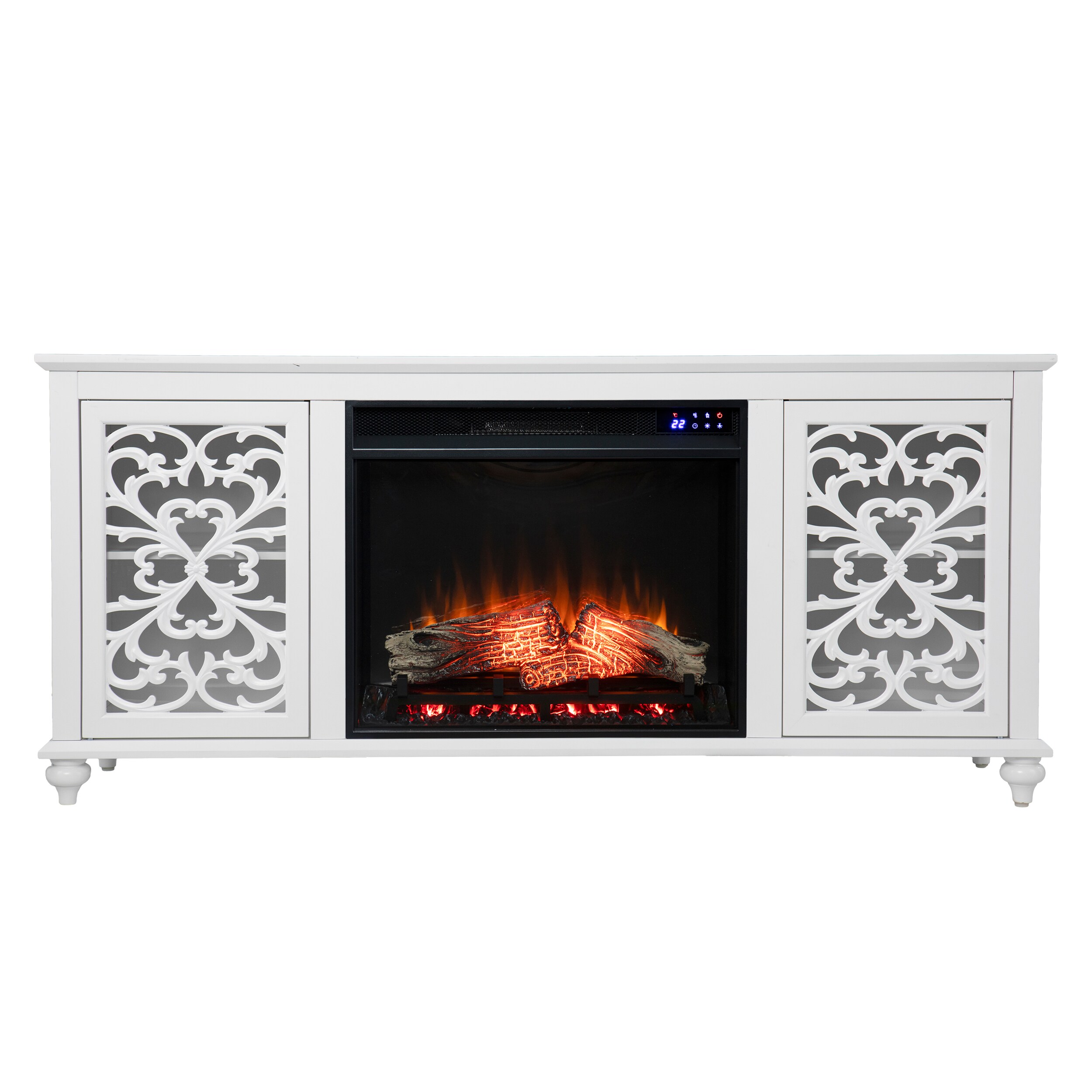 Southern Enterprises FR1154556 58-in W White TV Stand with Fan-forced Flat wall Electric Fireplace with Remote Control Included