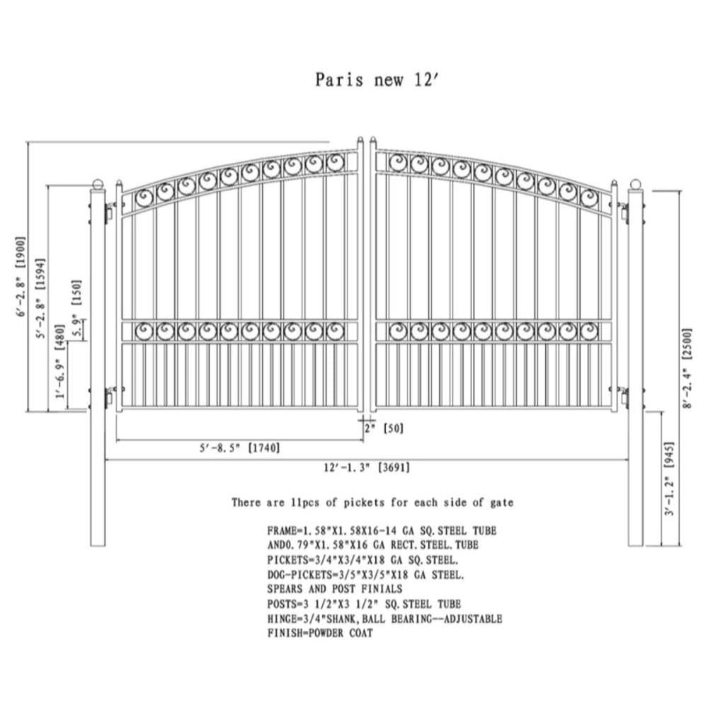 Paris Style Black Steel Dual Driveway Gate 12 ft x 6 ft