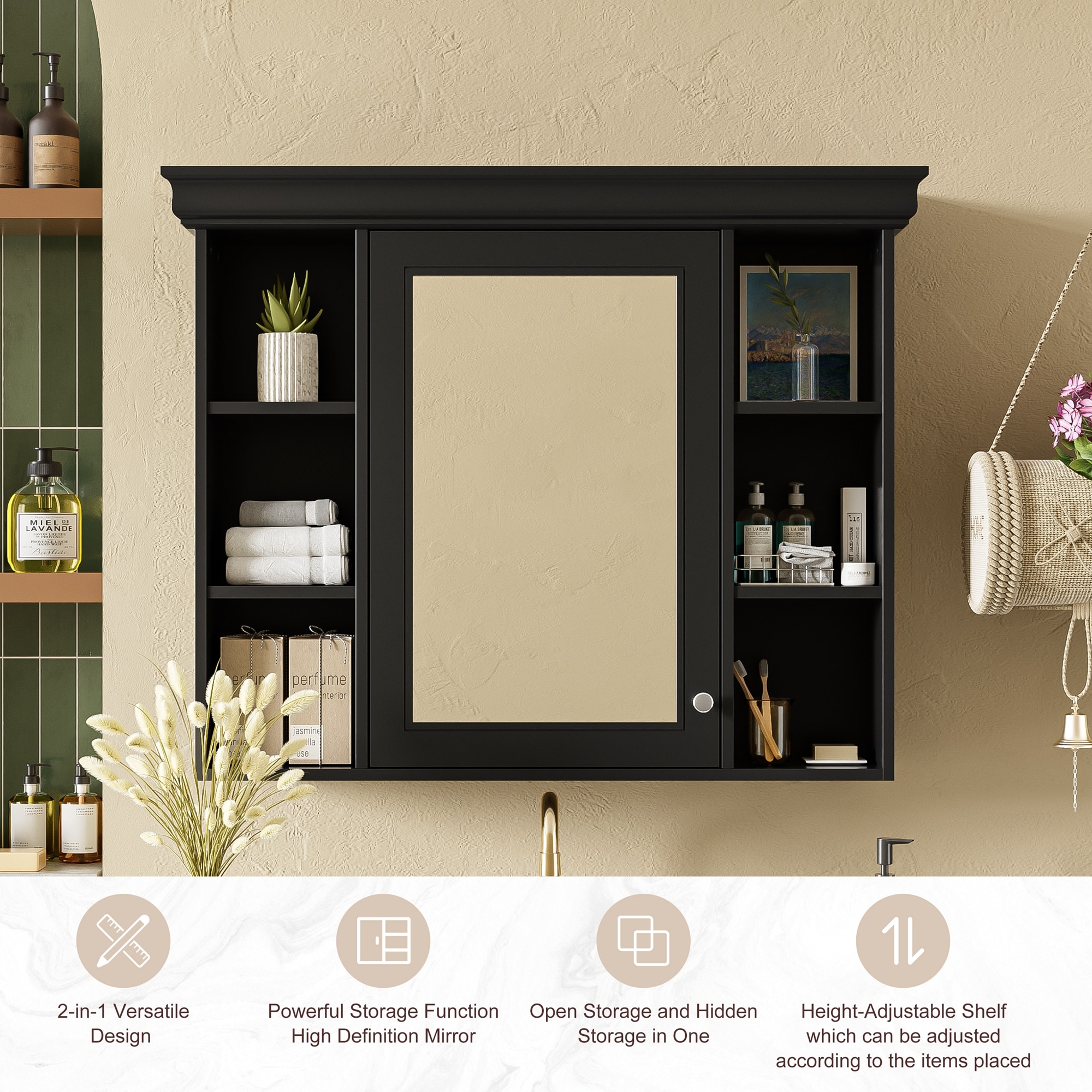 Forclover CM-N710P196545B 35-in x 28-in Surface Mount Black Mirrored Rectangle Medicine Cabinet