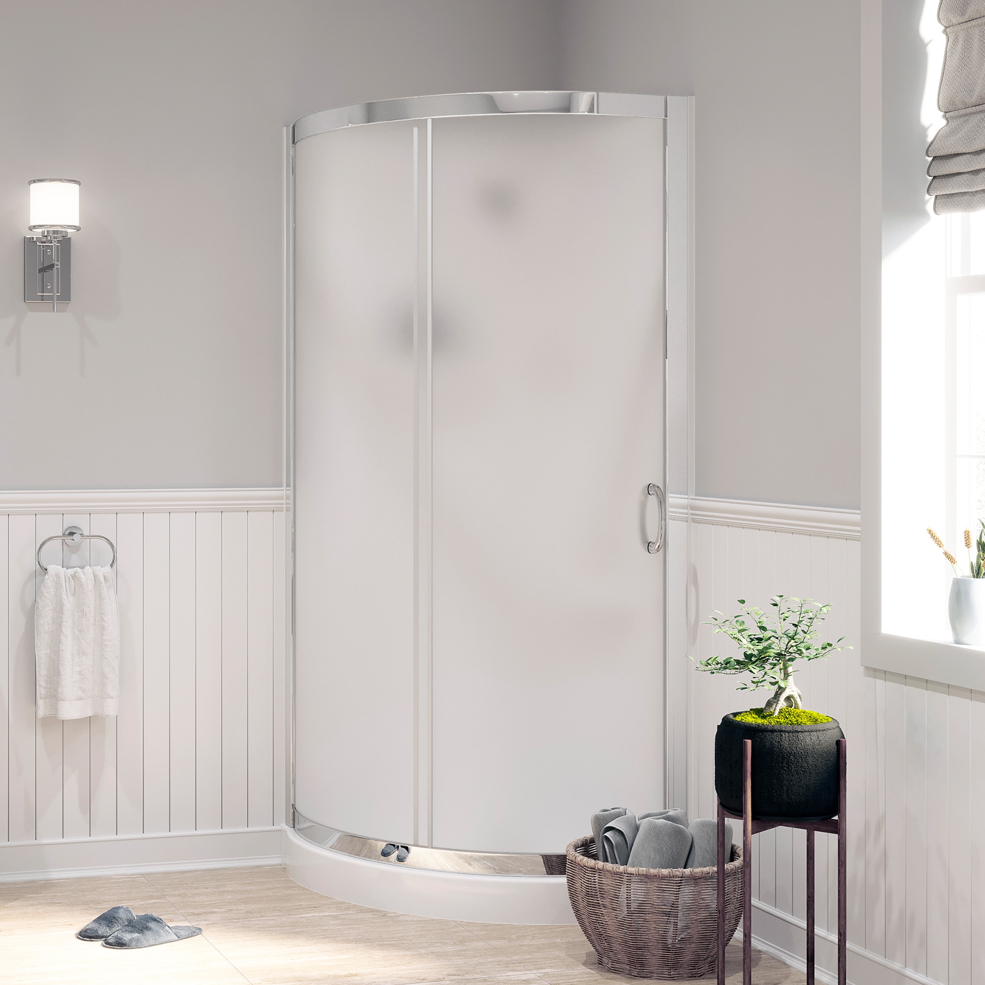 OVE Decors 15SKA-B1431P-001AC Breeze Paris 3 -Piece 32-in W x 32-in L x 77-in H Round Corner shower kit ( Corner Drain) Base, Wall, Door Chrome Hardware Included