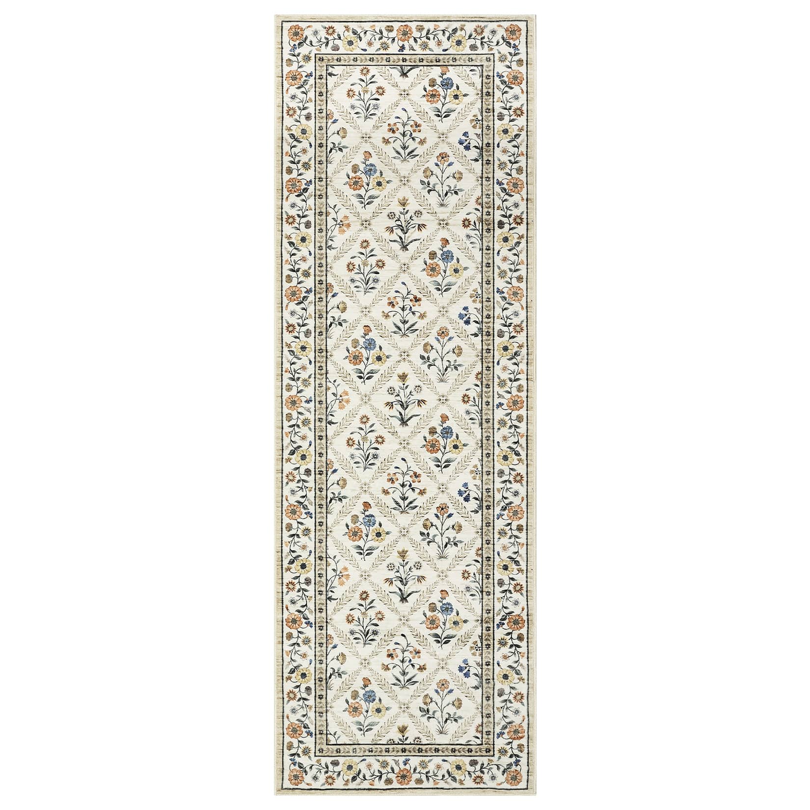 Qeetex LSN-PHK-349X3DF3 2 x 6 ft Polyester Cashmere Imitation Beige Rectangular Hallway Bathroom Entryway Kitchen Office Foldable Garden Flower Printed Modern Washable Area Rug