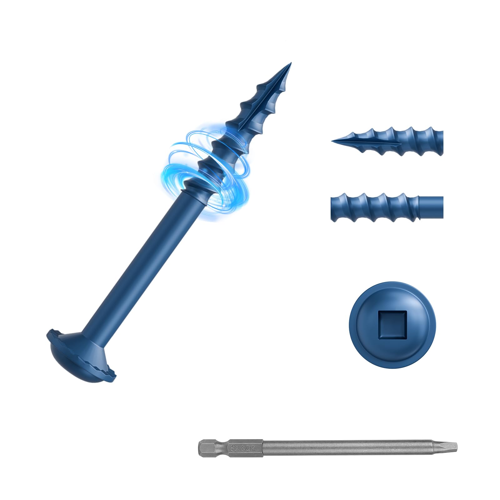 KHKFY  Pocket Hole Wood Screws 8 Number 2 and a half inch Blue Coated Self Tapping Washer Head Square Drive with Storage Case and Drive Bit